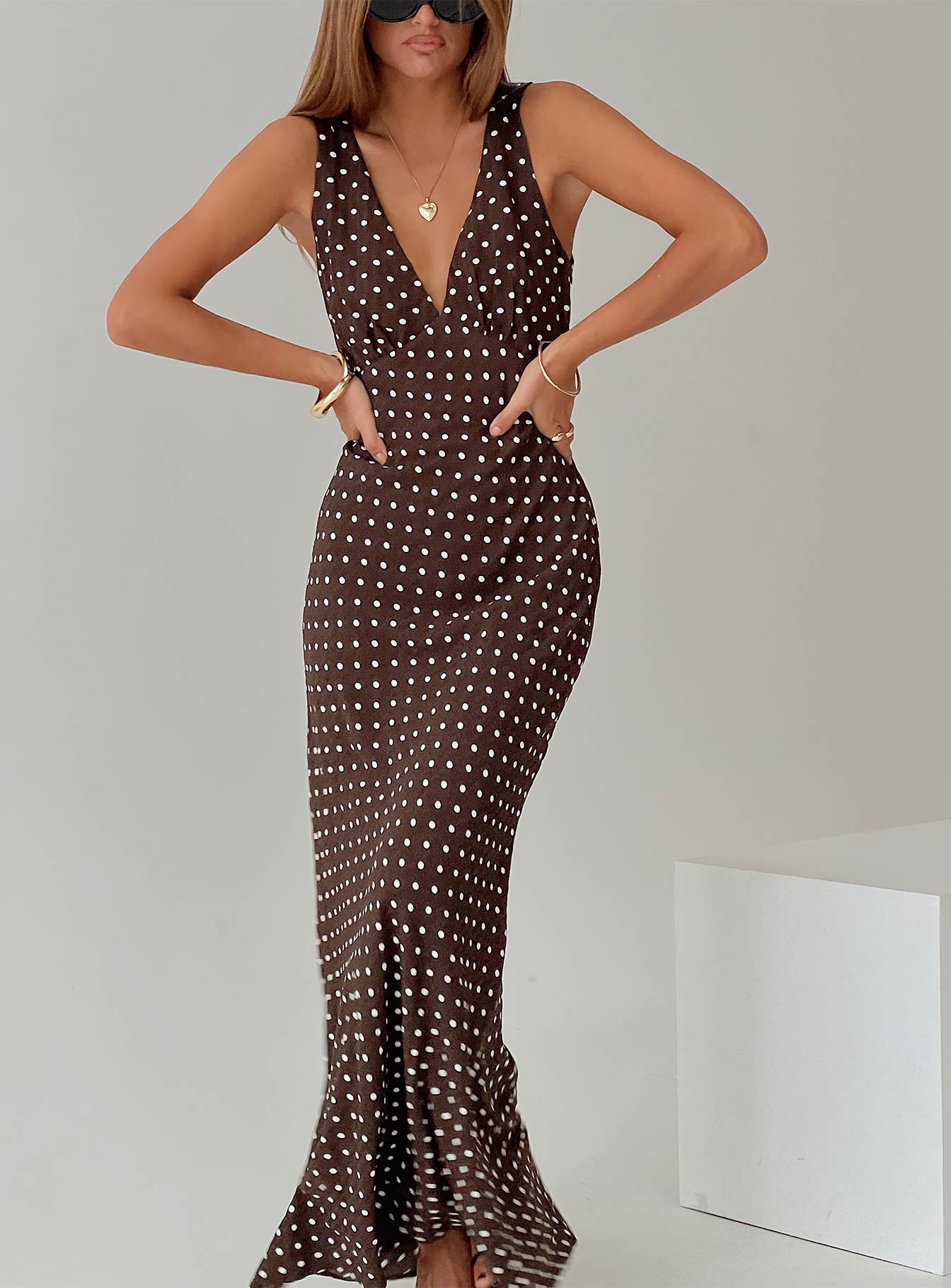 front view of model wearing Princess Polly Nellie Maxi Dress Brown Polka Dot V-Neck