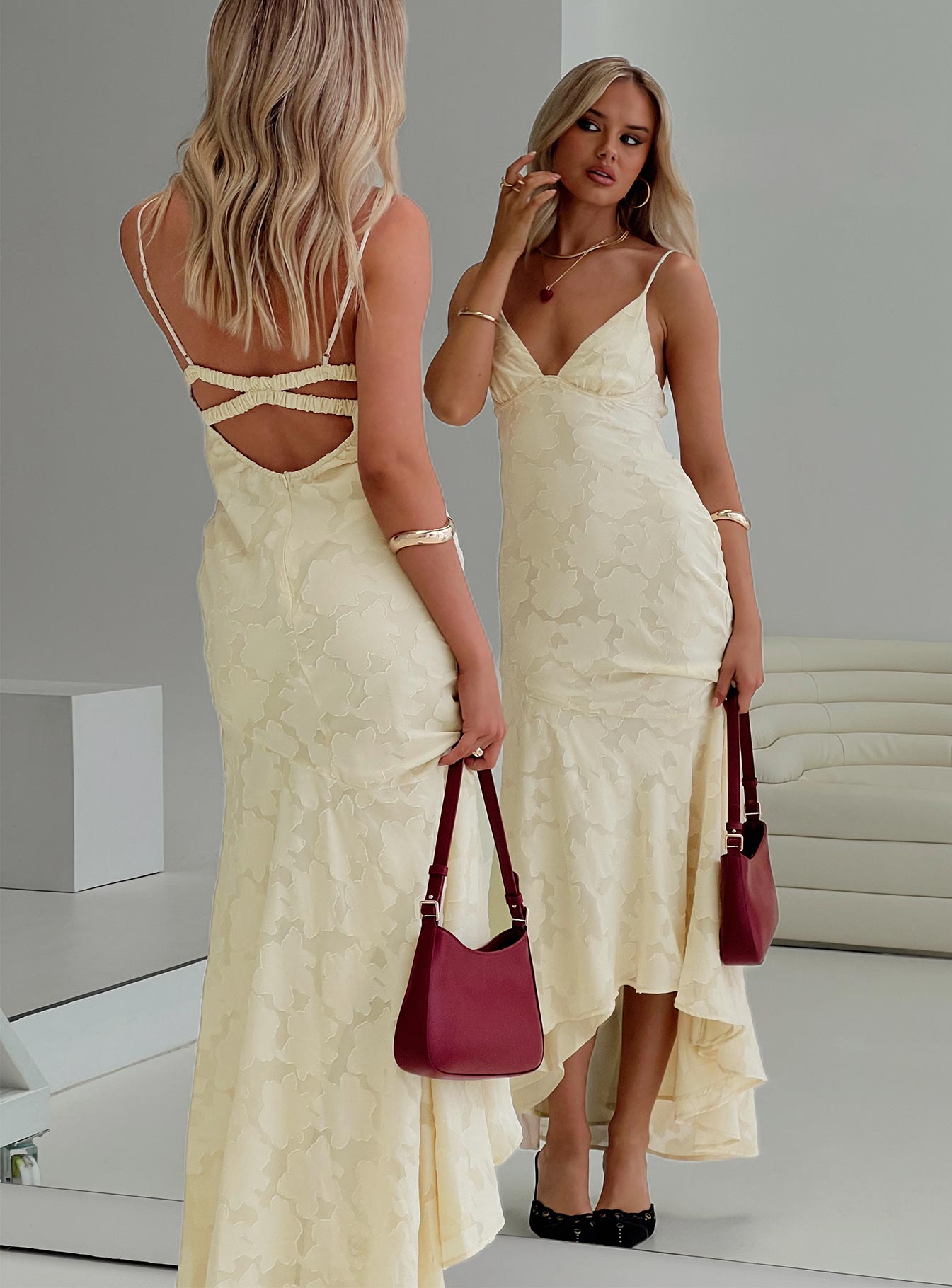 side view of model wearing Princess Polly Cyrene Maxi Dress Lemon Plunger