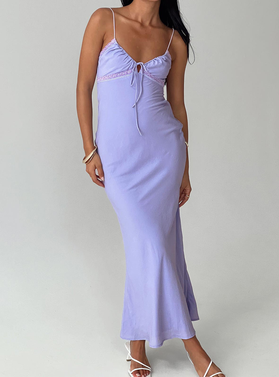 front view of model wearing Princess Polly Emily Maxi Dress Lilac Plunger