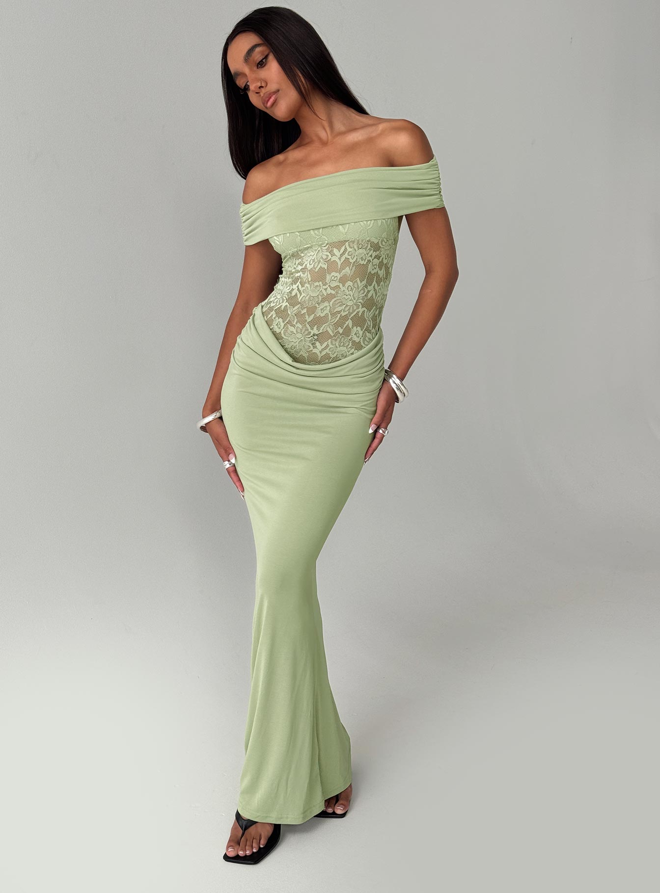 back view of model wearing Princess Polly Gwendolen Off The Shoulder Maxi Dress Green Straight Neck