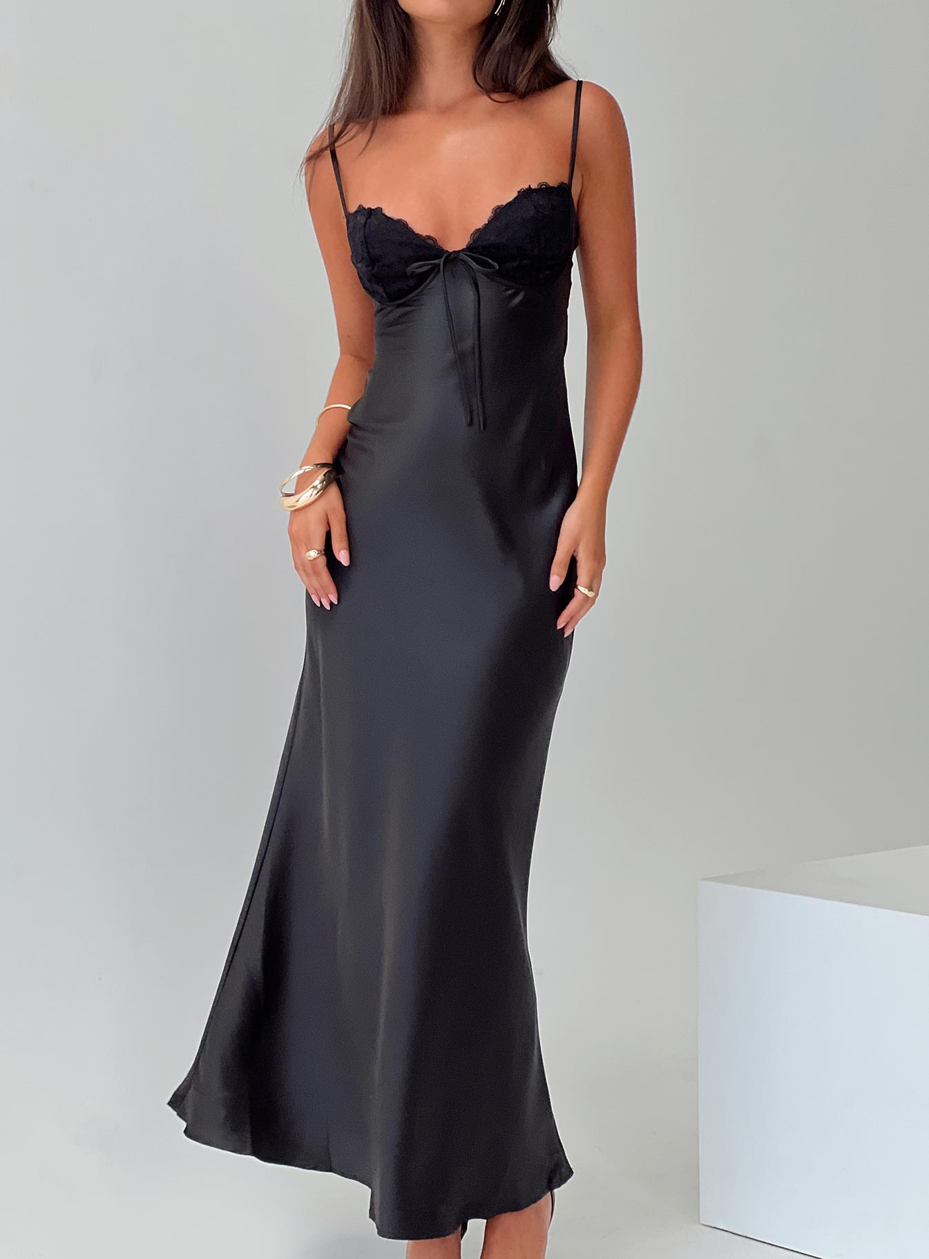 front view of model wearing Princess Polly Fadyen Bias Cut Maxi Dress Black Tall Sweetheart Neckline
