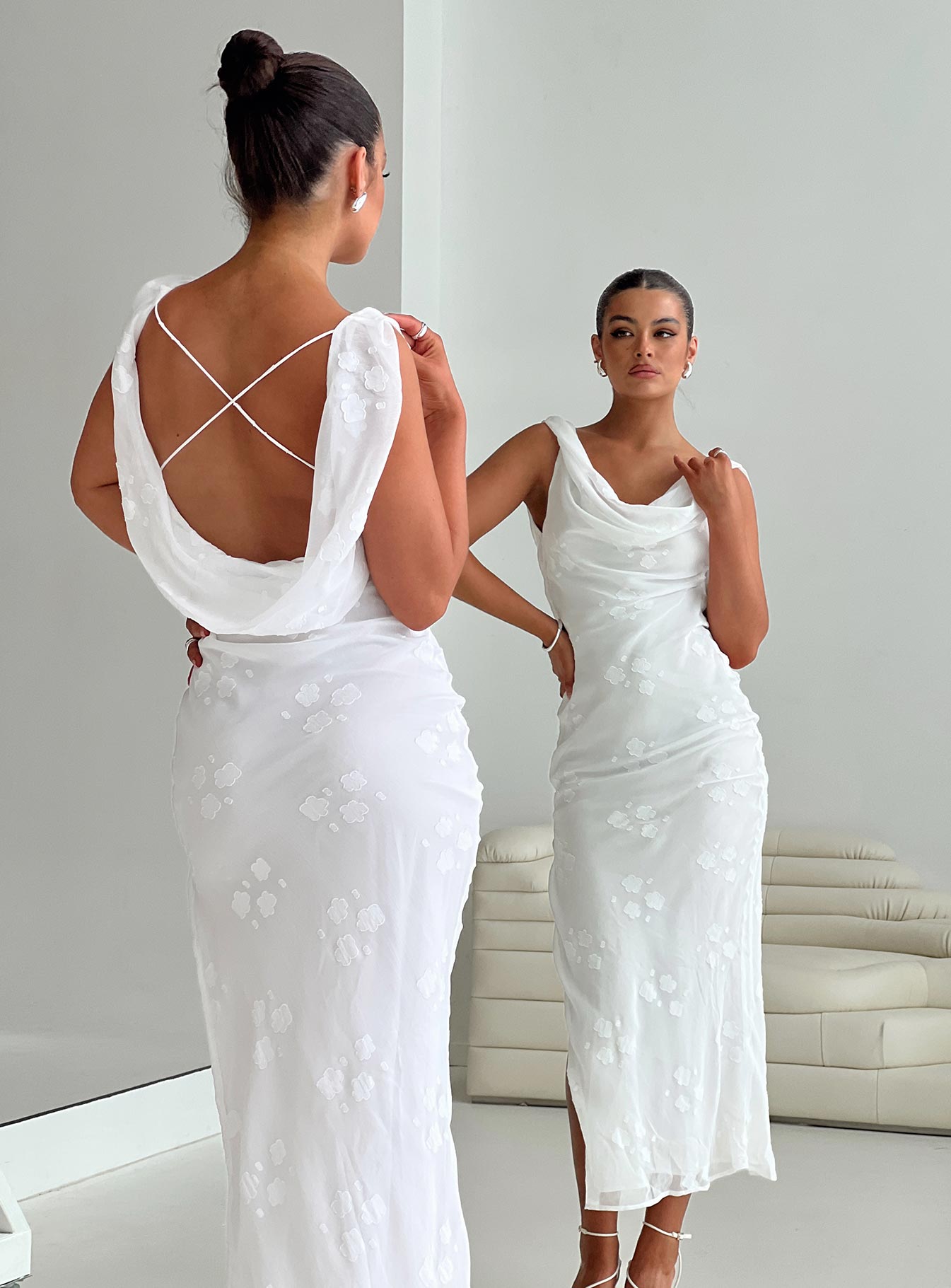back view of model wearing Princess Polly Contessa Maxi Dress White Cowl Neck