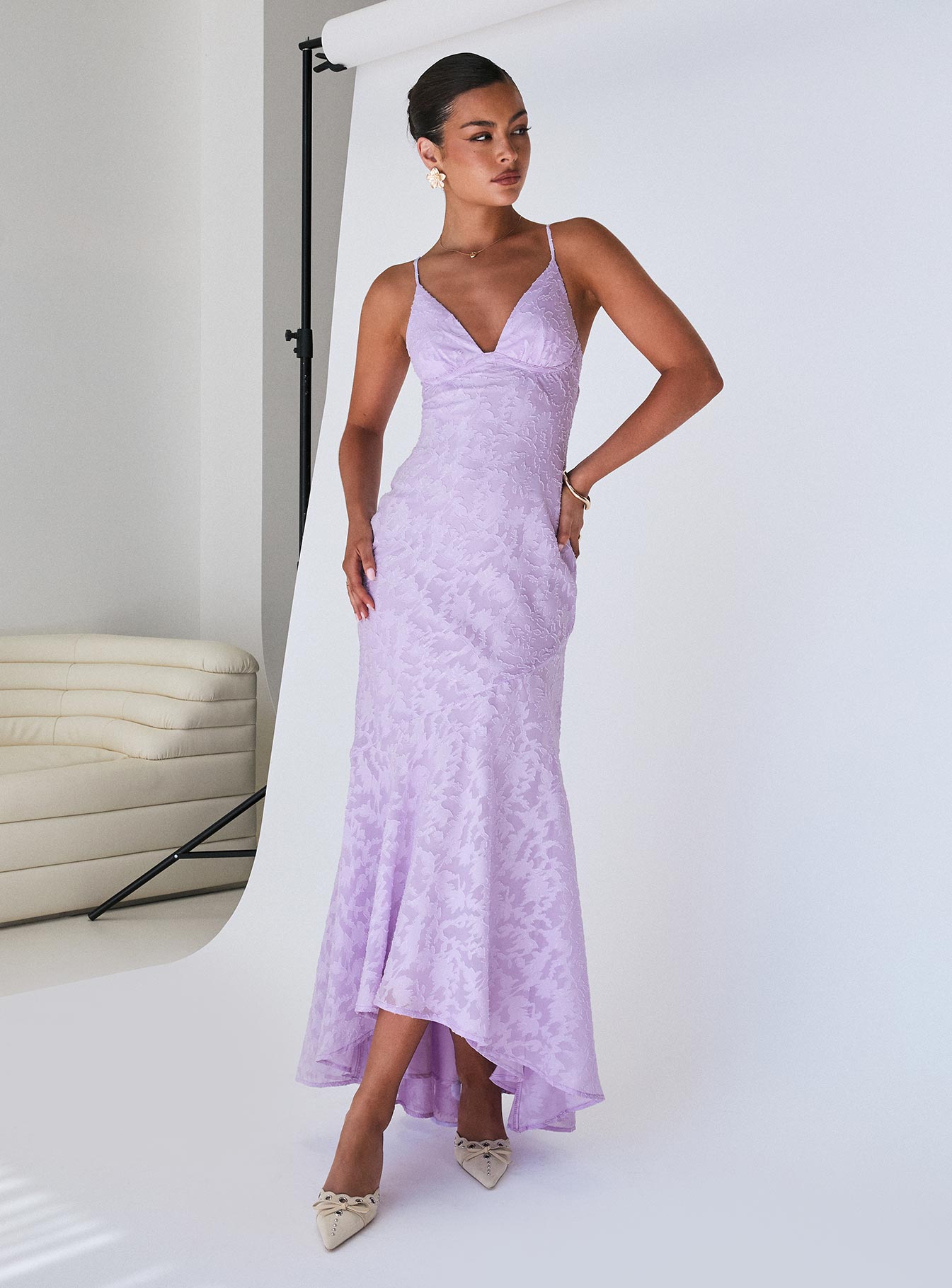 side view of model wearing Princess Polly Cyrene Maxi Dress Lilac Plunger