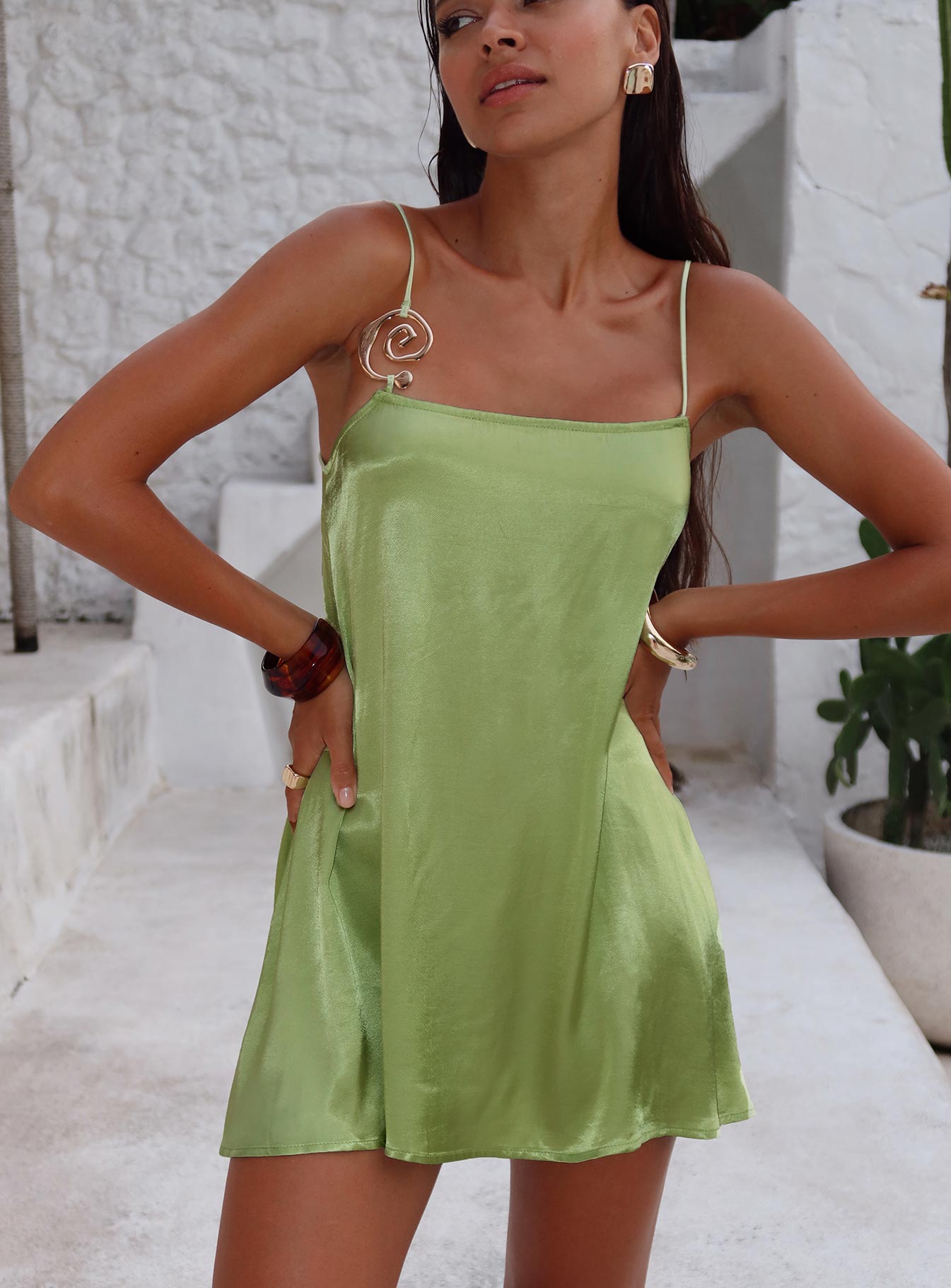 front view of model wearing Princess Polly Apple Cider Mini Dress Green Square Neck