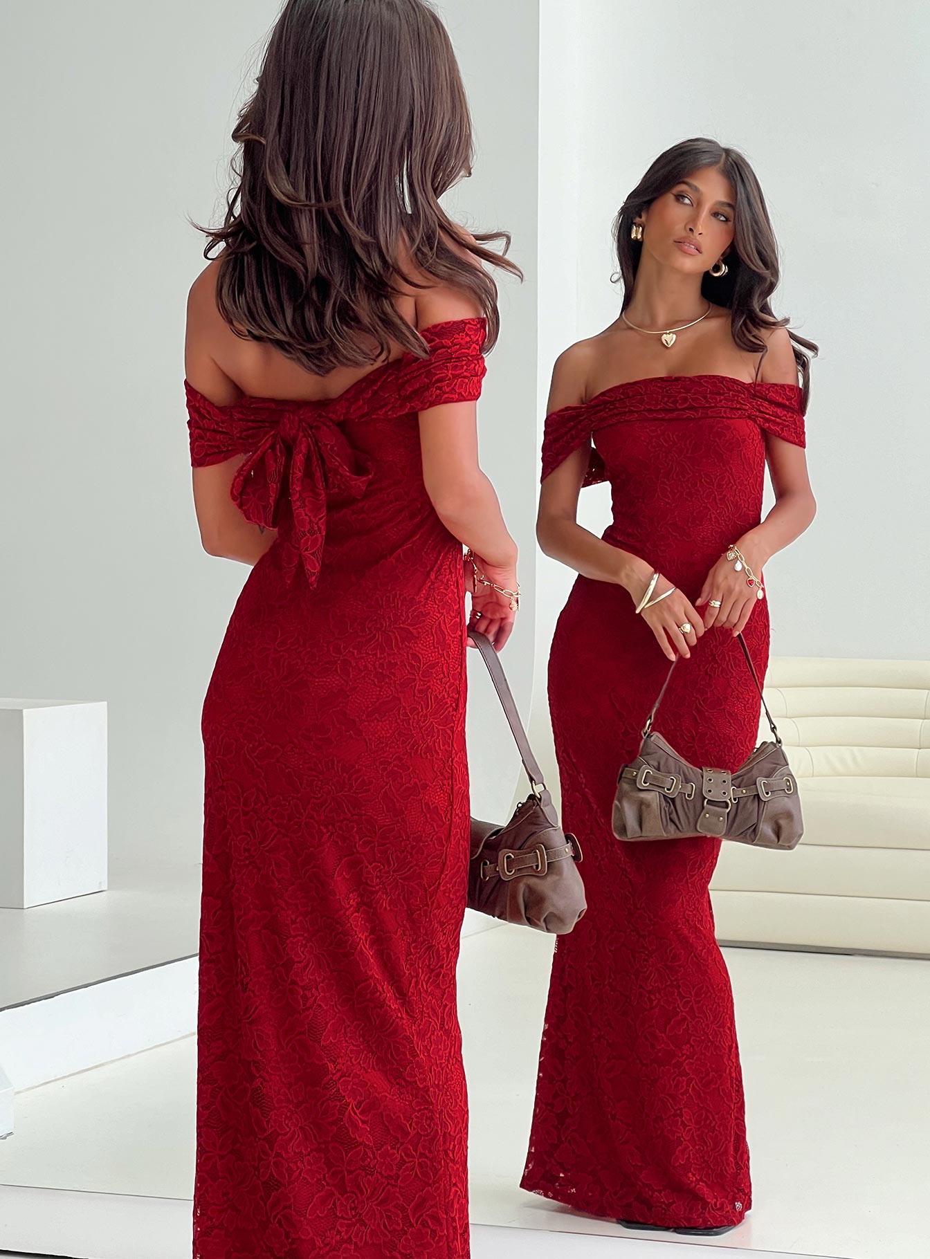 back view of model wearing Princess Polly Allured Strapless Maxi Dress Burgundy Straight Neck