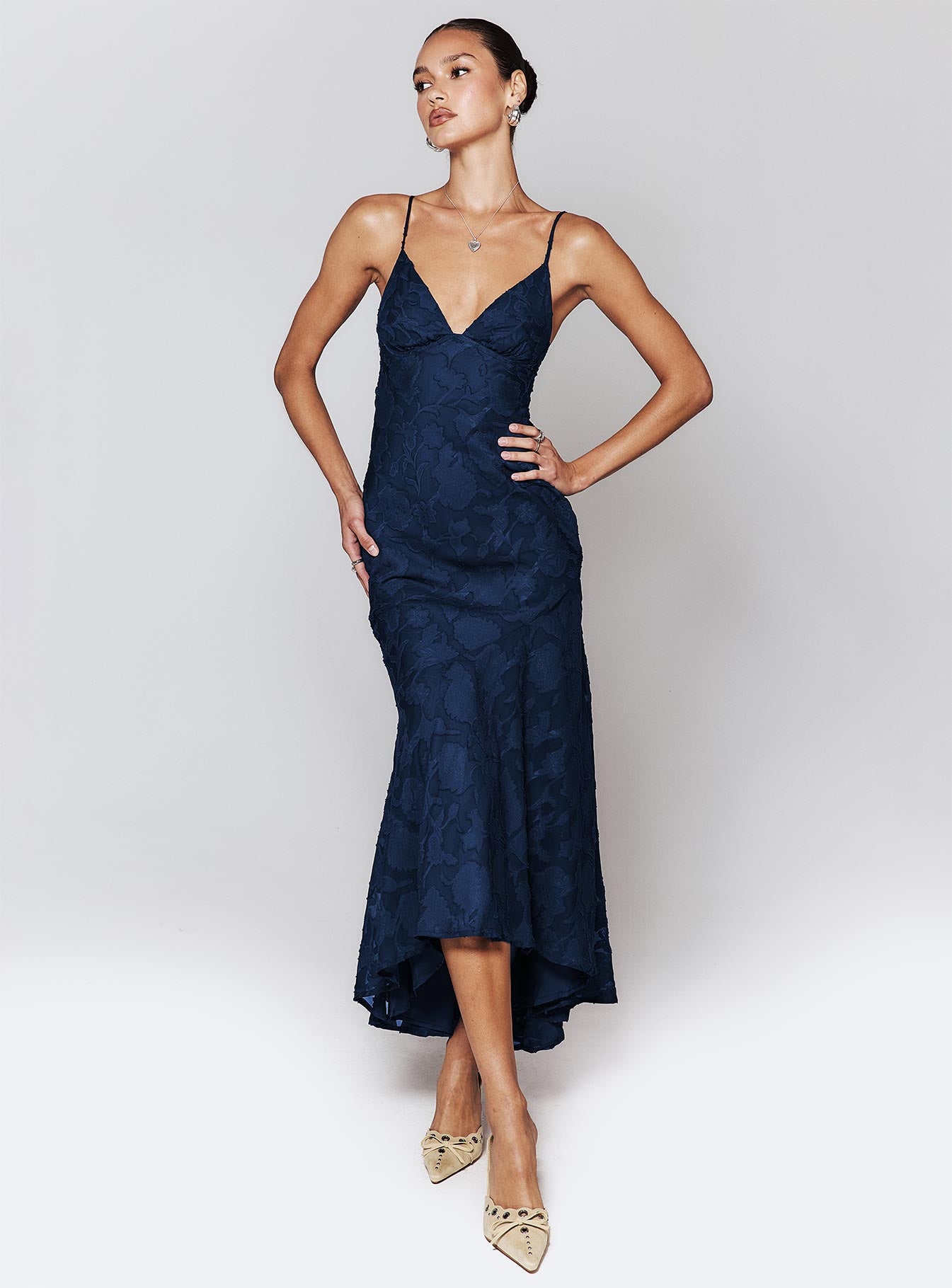 front view of model wearing Princess Polly Cyrene Maxi Dress Navy Plunger