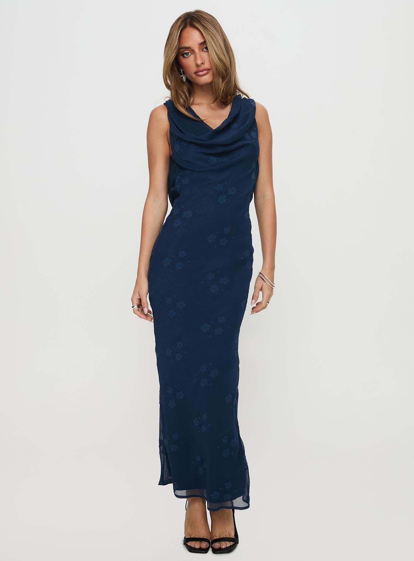 side view of model wearing Princess Polly Contessa Maxi Dress Navy Cowl Neck