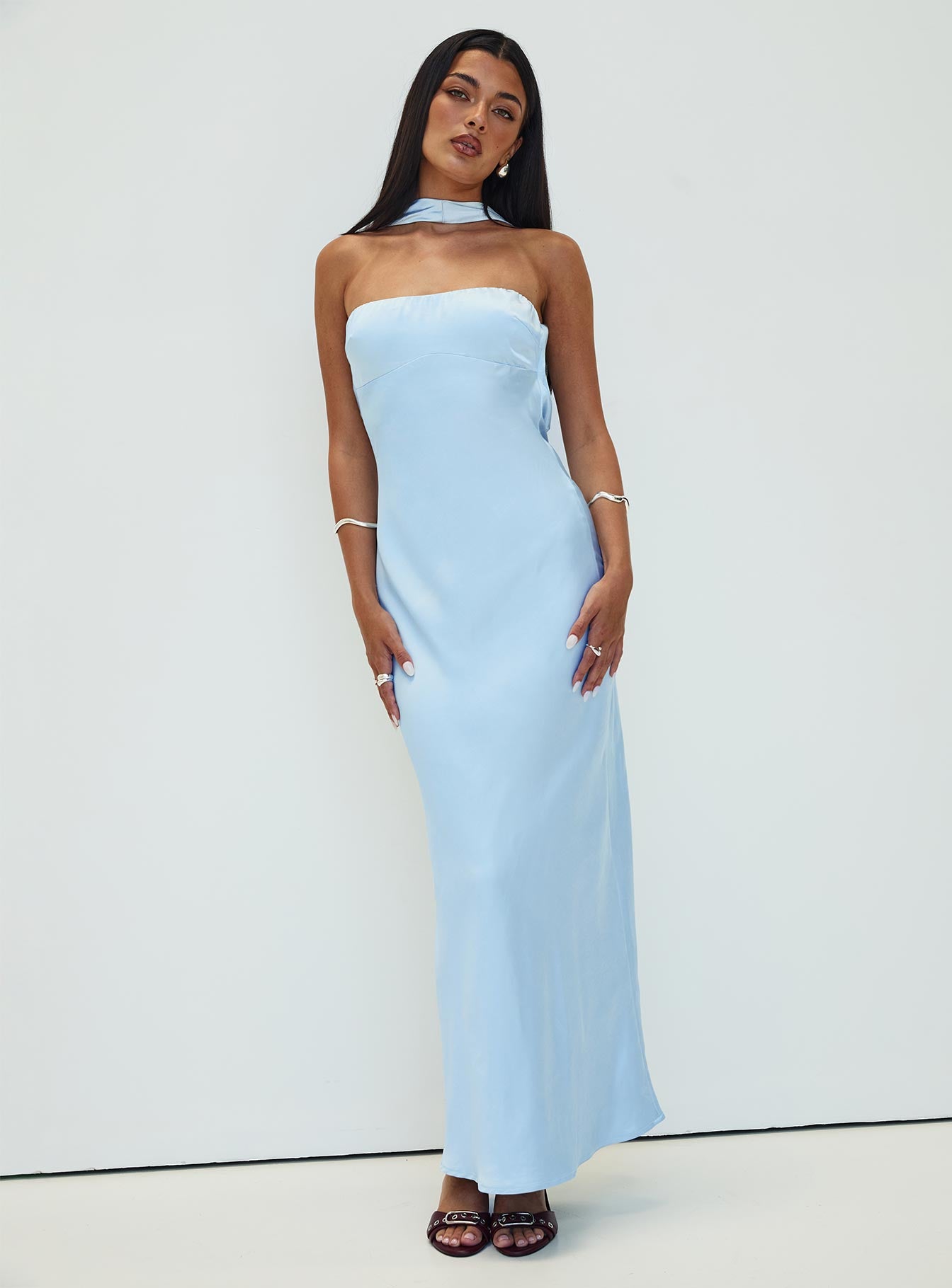 front view of model wearing Princess Polly Legacies Strapless Maxi Dress Icy Blue Straight Neck