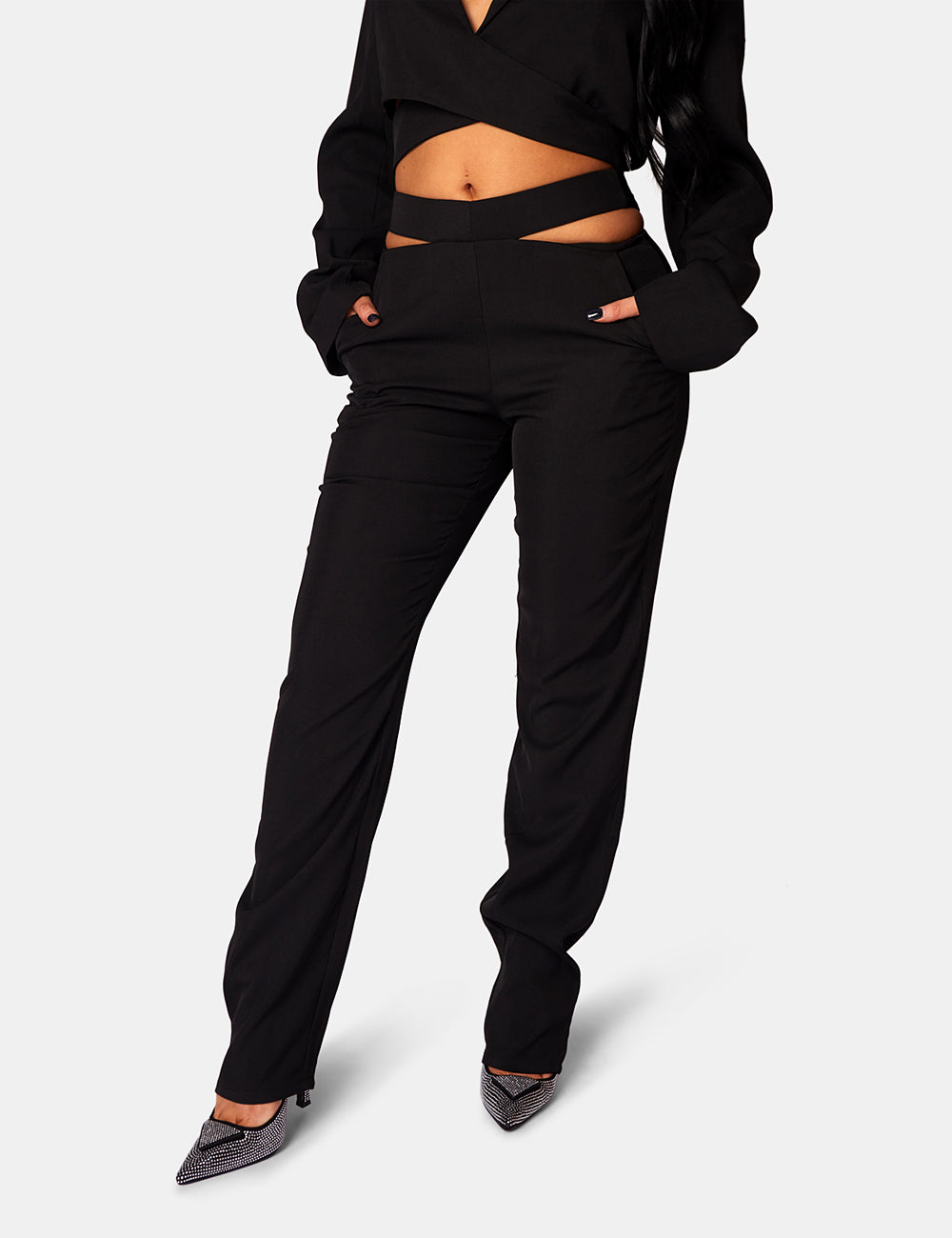 Black suspender waist pants