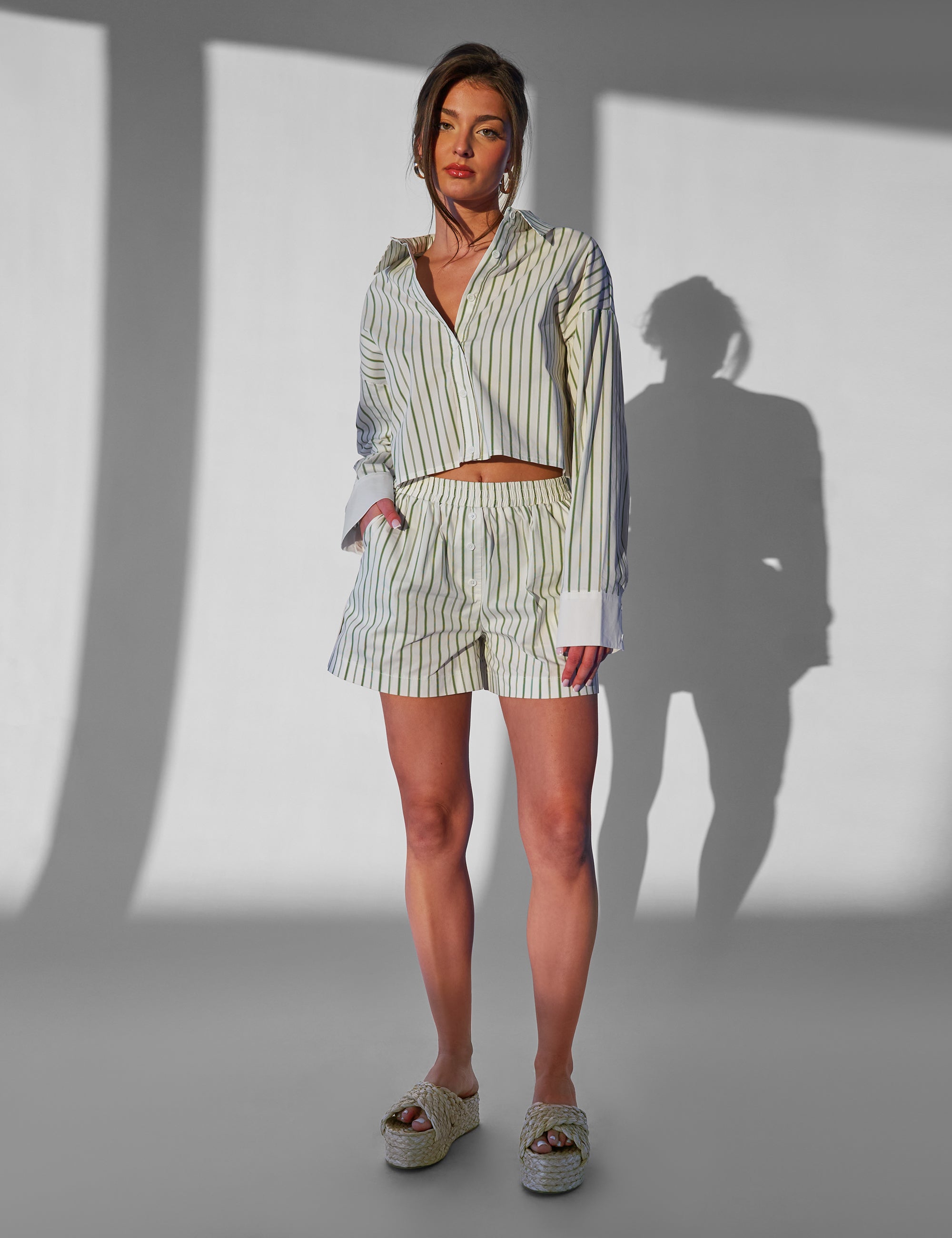 Kaiia Boxer Shorts Co-ord Green Stripe