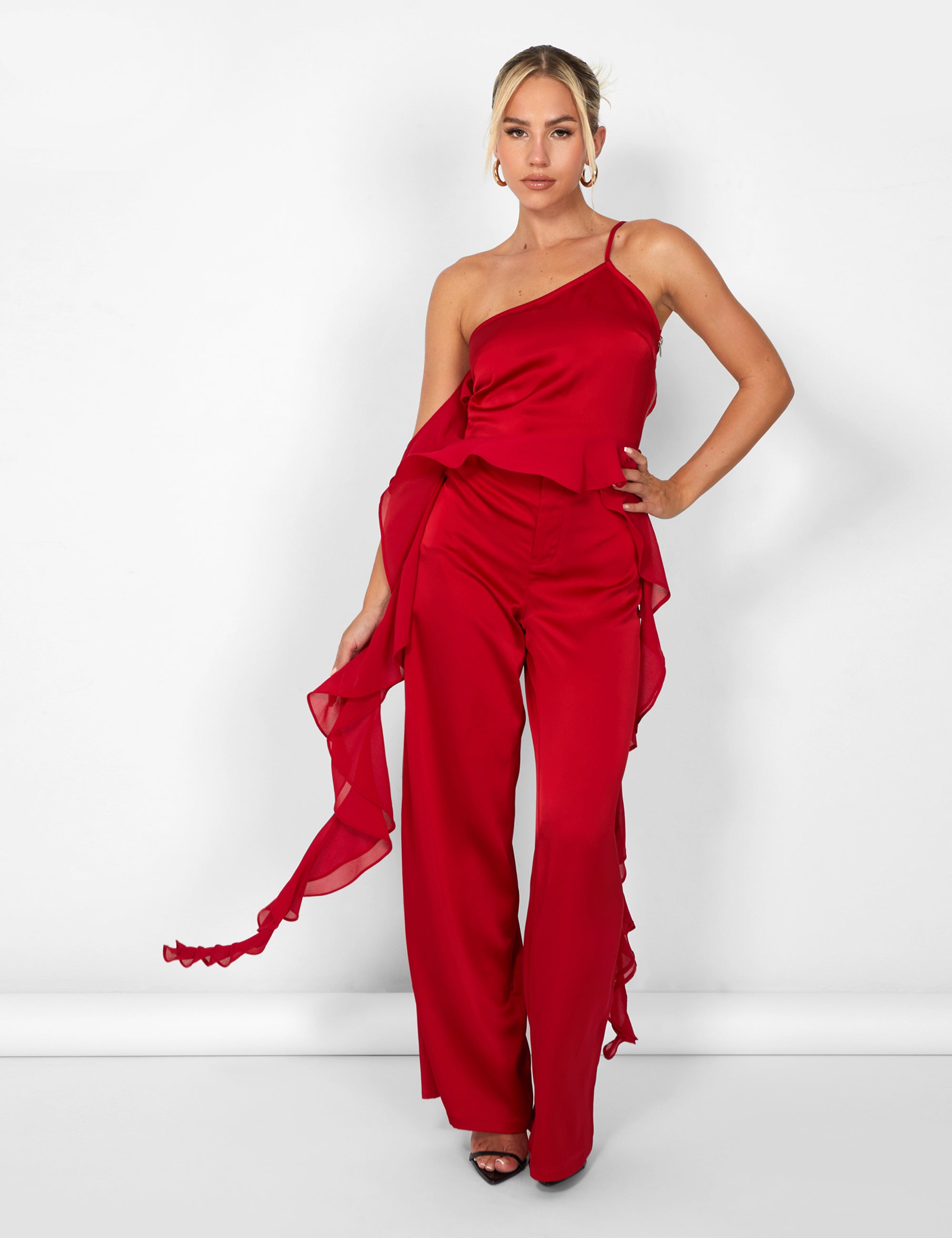 Kaiia Chiffon Ruffle Cami Top in Red