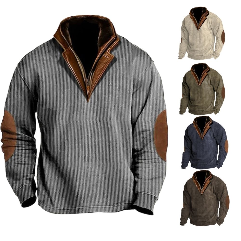 Men's Outdoor Casual Zip Polo Stand Collar Long Sleeve Sweatshirt Double Layer Lapel Fur Leather Collar Pullover