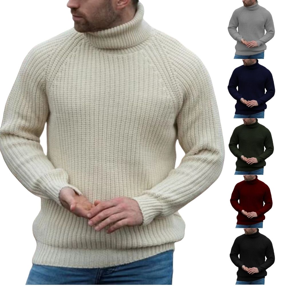 Men's Retro Western Style Knitted Sweater Turtleneck Pullover Off-white