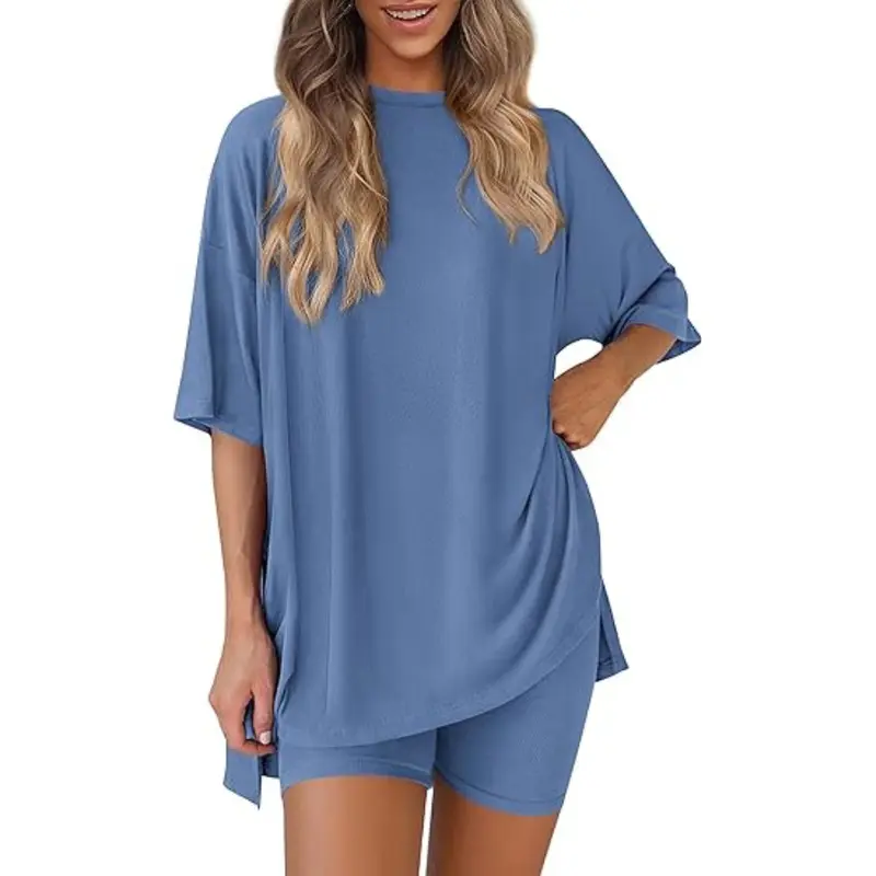 PRETTYGARDEN Women 2 Piece Lounge Set Summer Casual Oversized Shirts Biker Shorts Matching Airport Travel Outfit Clothes