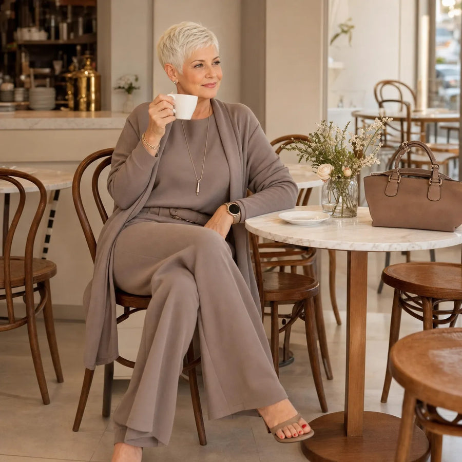 Women's 3-Piece Matching Set — Long-Sleeve Top, Wide-Leg Pants & Longline Cardigan