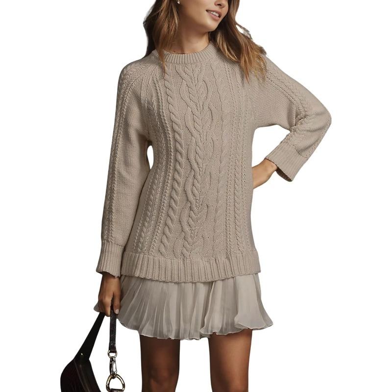 Women Cable Knit Sweater Dress Crewneck Long Sleeve Pleated Mini Dress Twofer Style Patchwork Dress