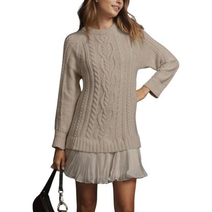 Women Cable Knit Sweater Dress Crewneck Long Sleeve Pleated Mini Dress Twofer Style Patchwork Dress