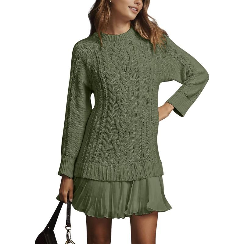 Women Cable Knit Sweater Dress Crewneck Long Sleeve Pleated Mini Dress Twofer Style Patchwork Dress