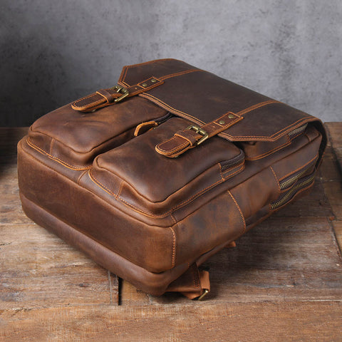 handcrafted bohemian style large black leather hiking backpack