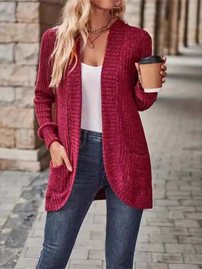 CLEARANCE🔥Ribbed Open Front Long Cardigan with Pockets