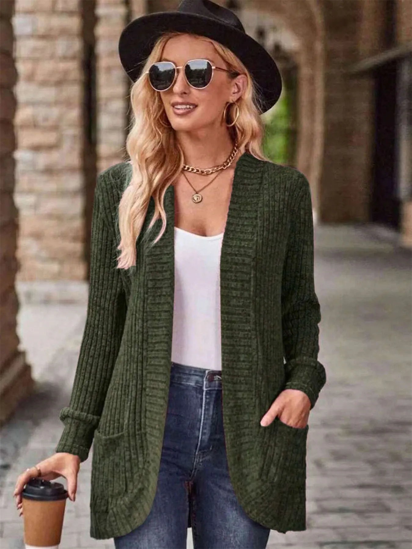 CLEARANCE🔥Ribbed Open Front Long Cardigan with Pockets
