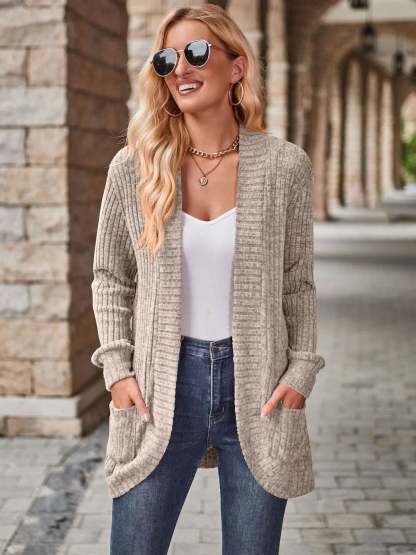 CLEARANCE🔥Ribbed Open Front Long Cardigan with Pockets