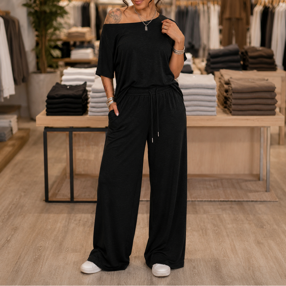 Draperline-Off-Shoulder Asymmetrical Top And Wide-Leg Pants Set