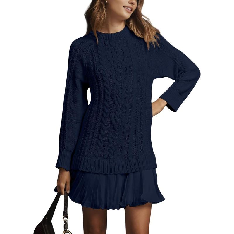 Women Cable Knit Sweater Dress Crewneck Long Sleeve Pleated Mini Dress Twofer Style Patchwork Dress