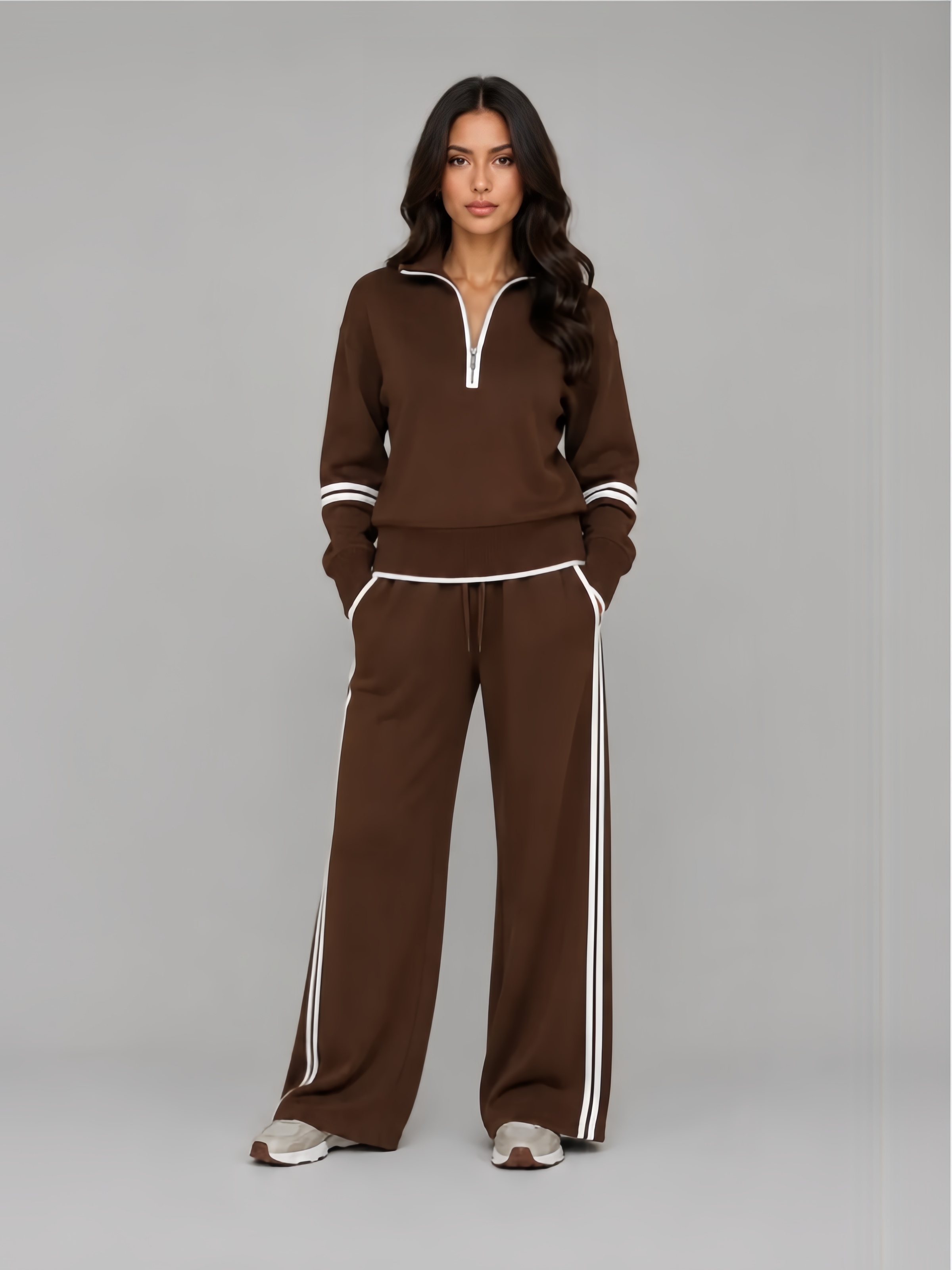 Women's Half Zip Lounge Set – Relaxed Two-Piece Wide Leg Tracksuit