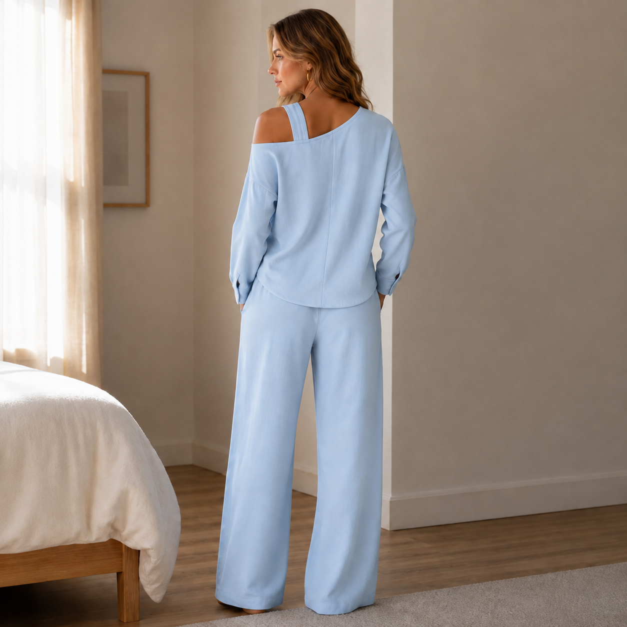 Onedrape-One-Shoulder Top And Wide-Leg Pants Set