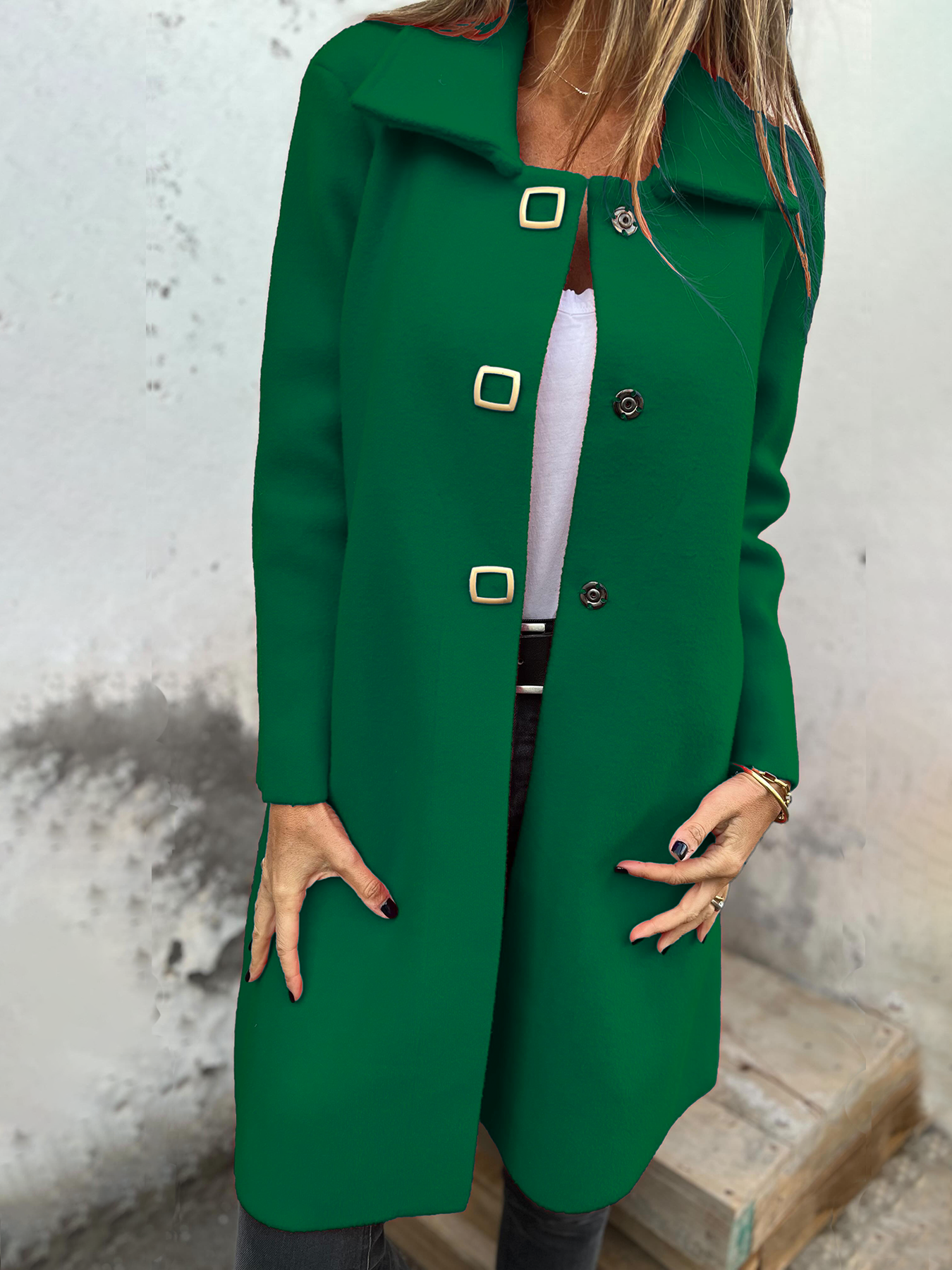 Women's Single-Breasted Solid Color Long Wool Jacket