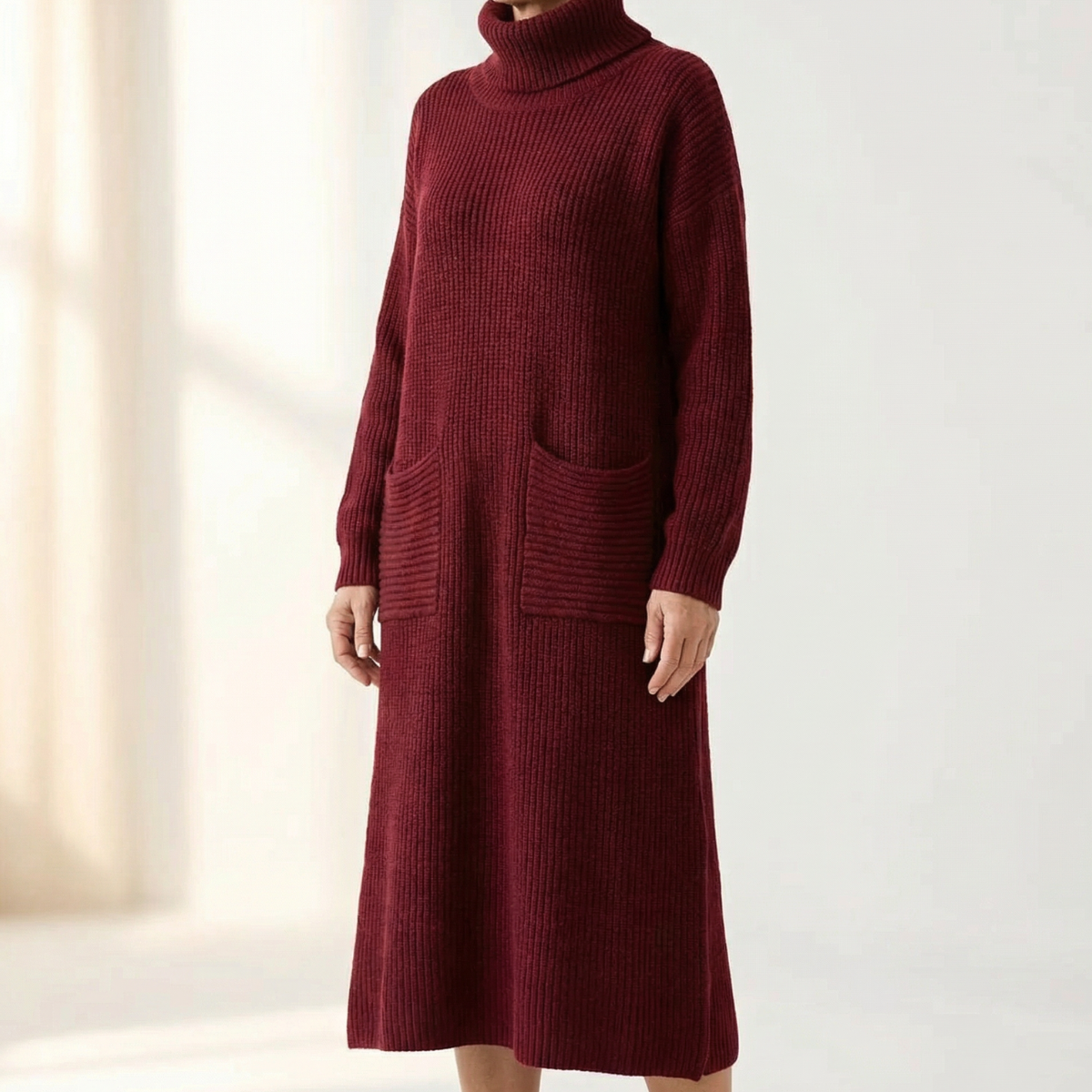 Women's Relaxed Turtleneck Sweater Dress with Pockets