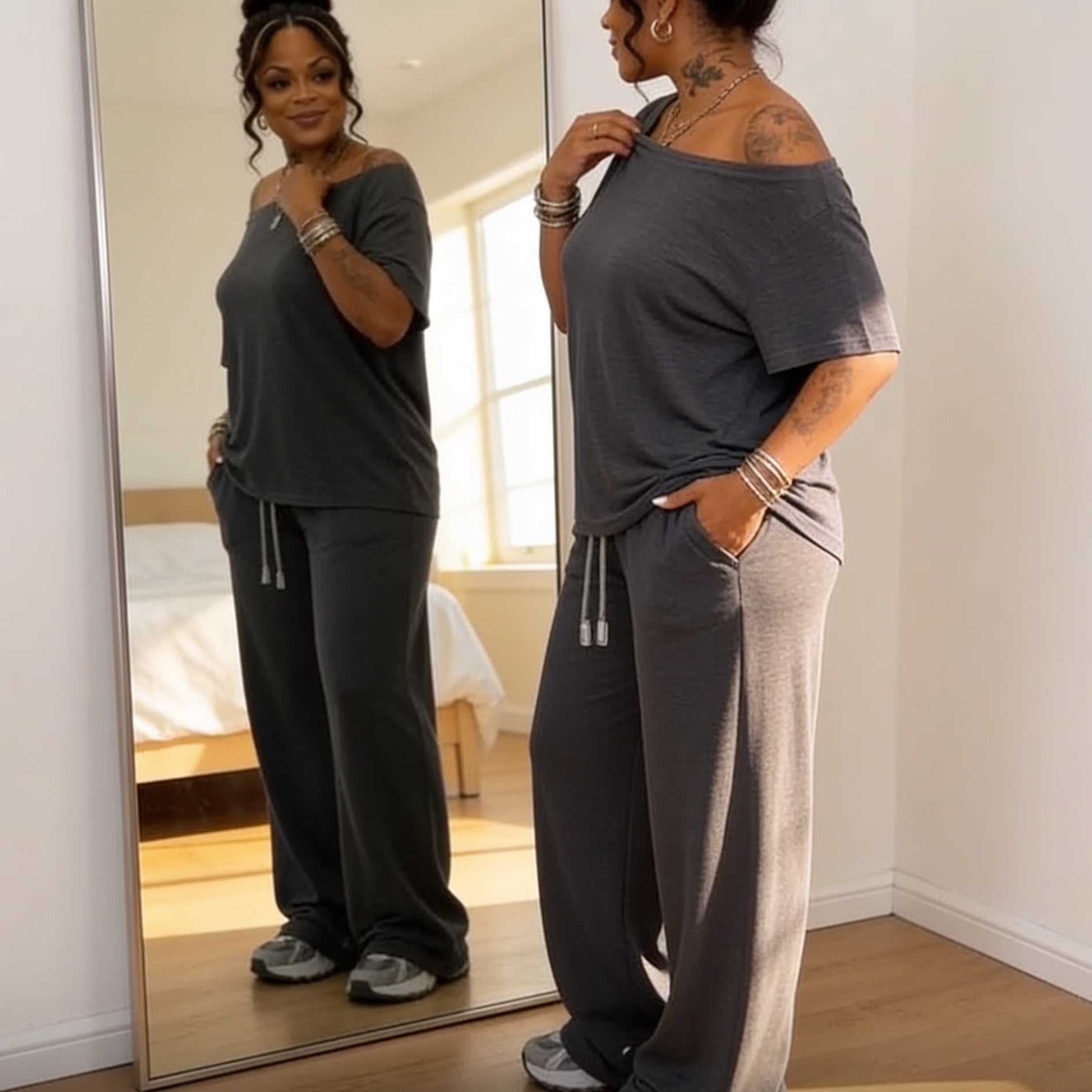 Draperline-Off-Shoulder Asymmetrical Top And Wide-Leg Pants Set