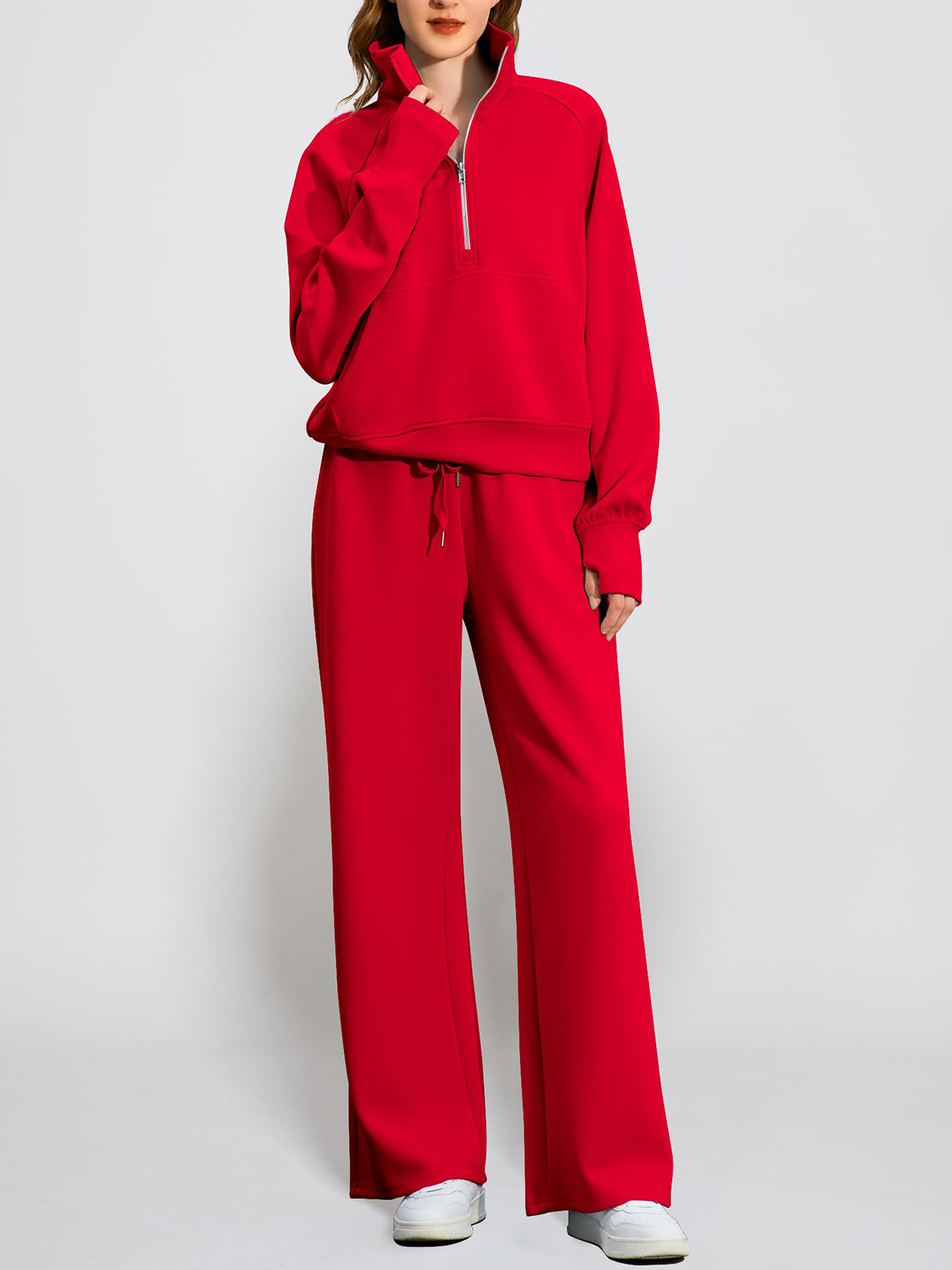🔥Women's pure cotton loose-fitting half-zip two-piece sportswear set（Free delivery）
