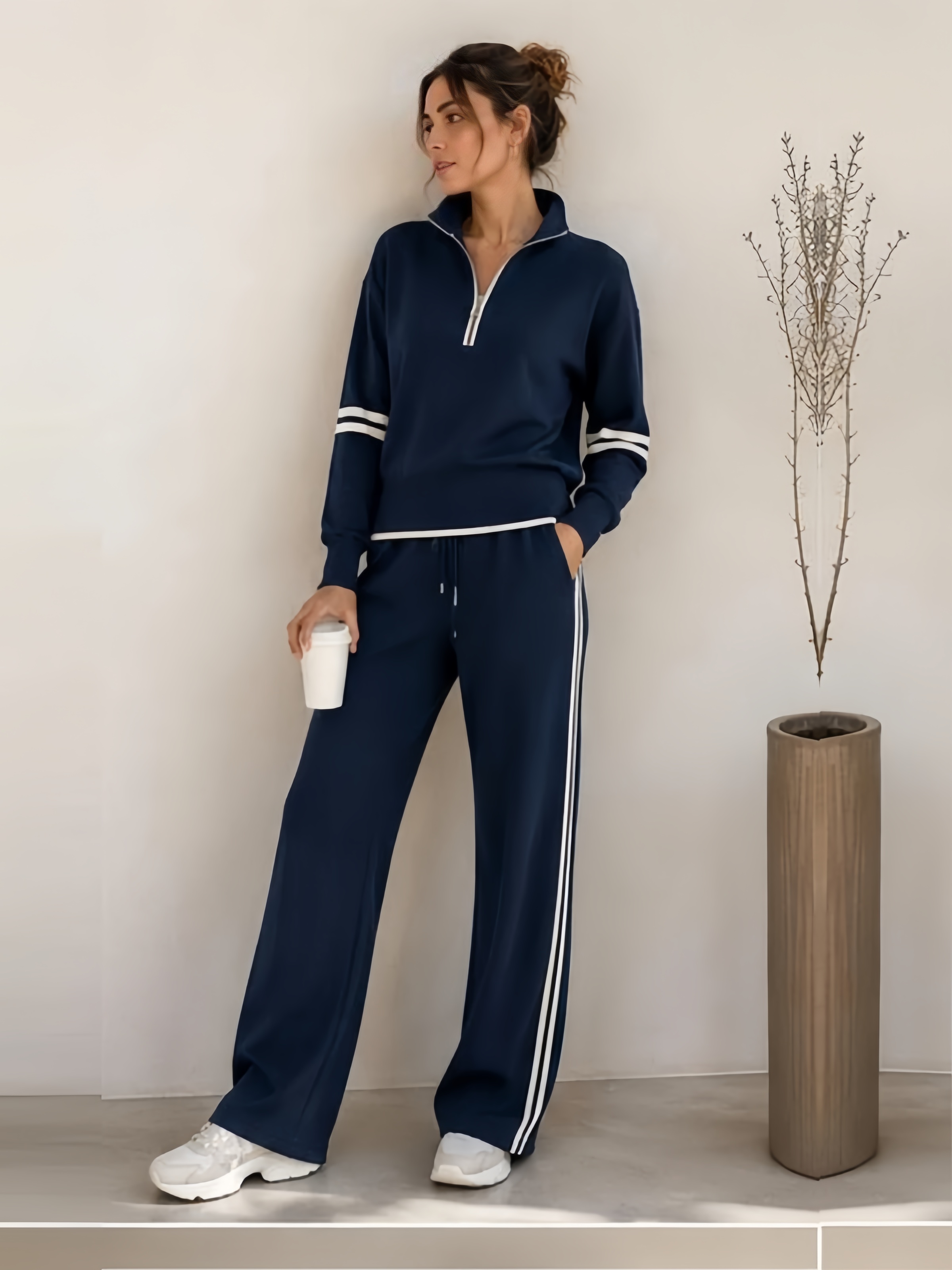 Women's Half Zip Lounge Set – Relaxed Two-Piece Wide Leg Tracksuit