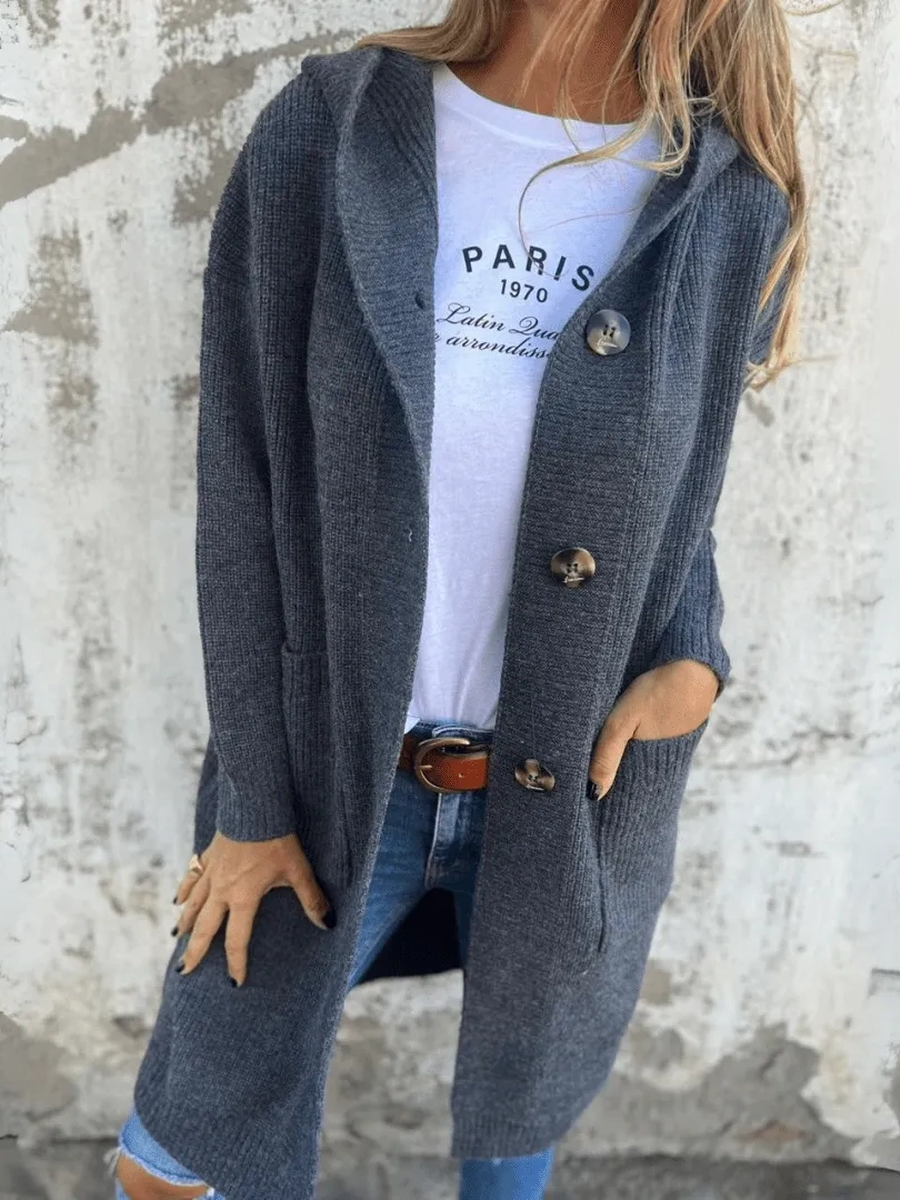🔥Women's Autumn and Winter Hooded Knitted Jacket with Pockets and Buttons