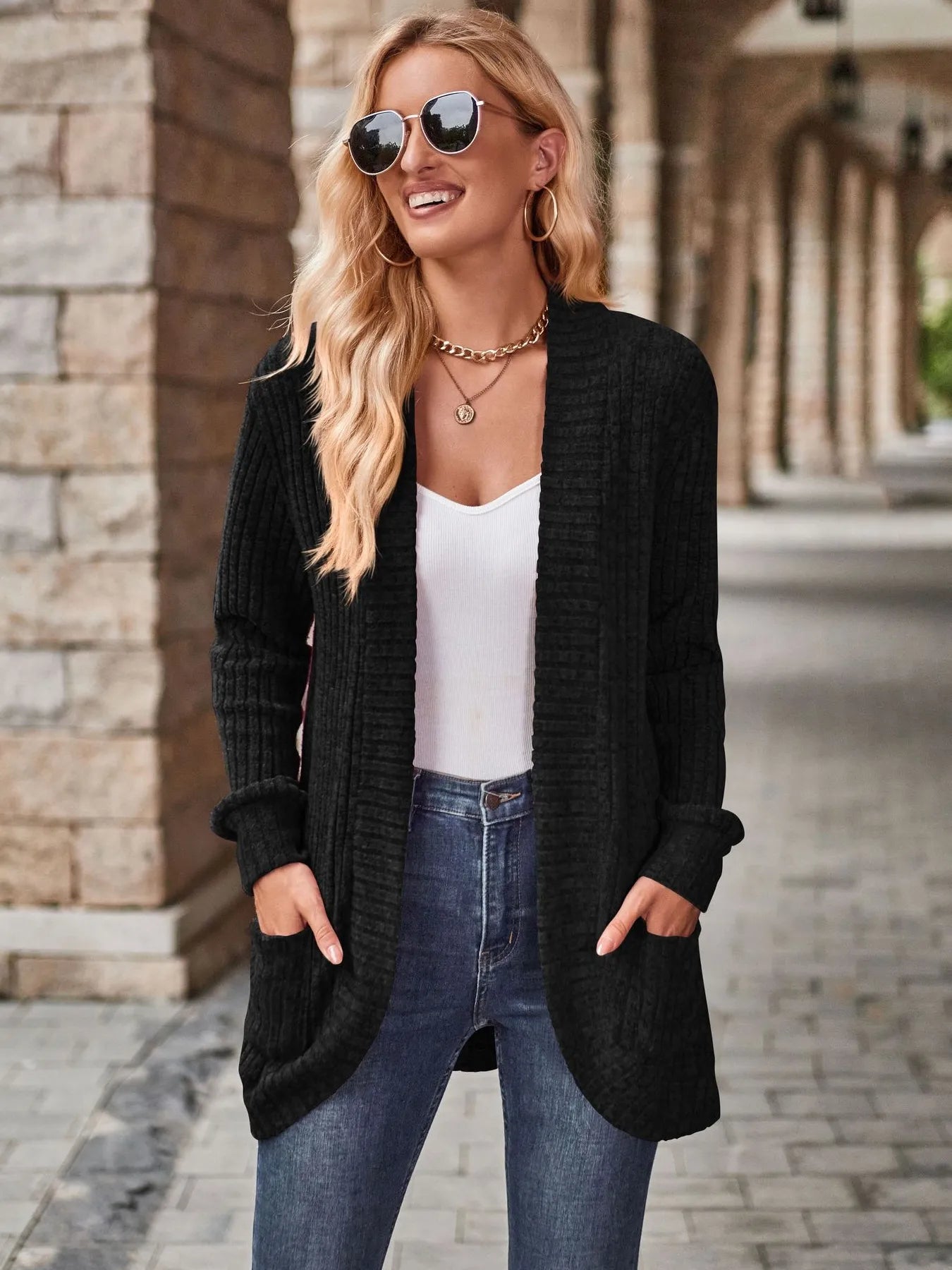 CLEARANCE🔥Ribbed Open Front Long Cardigan with Pockets