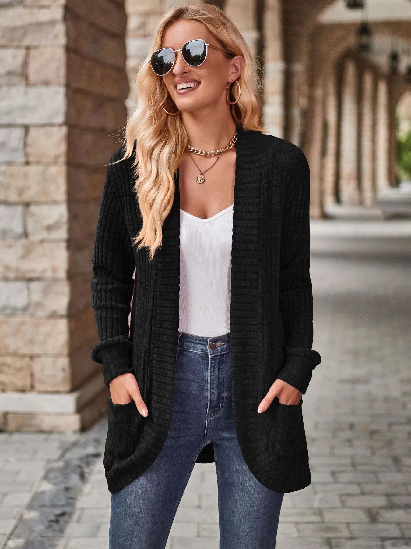 CLEARANCE🔥Ribbed Open Front Long Cardigan with Pockets