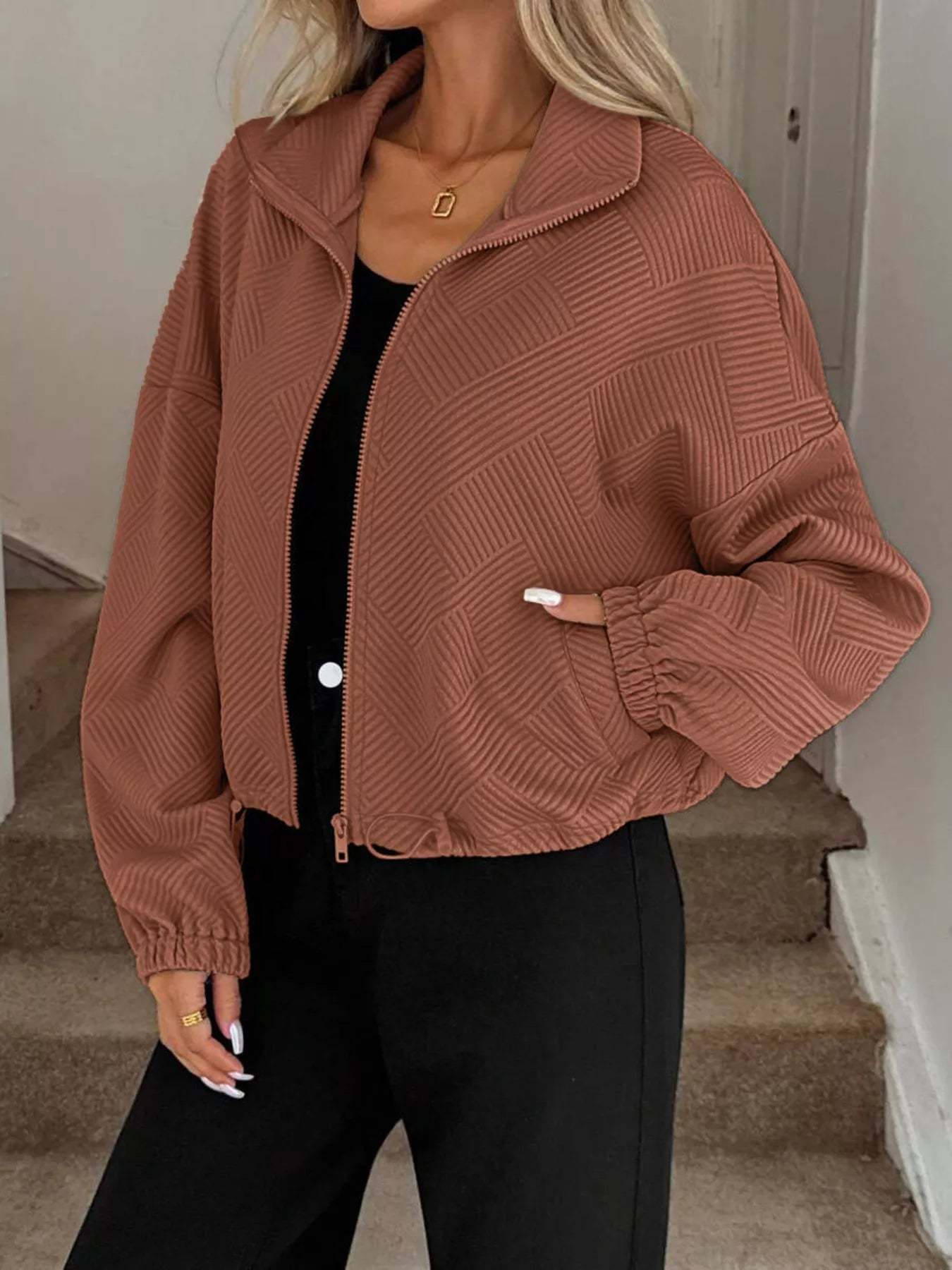 Drawstring Hem Textured Long Sleeve Jacket