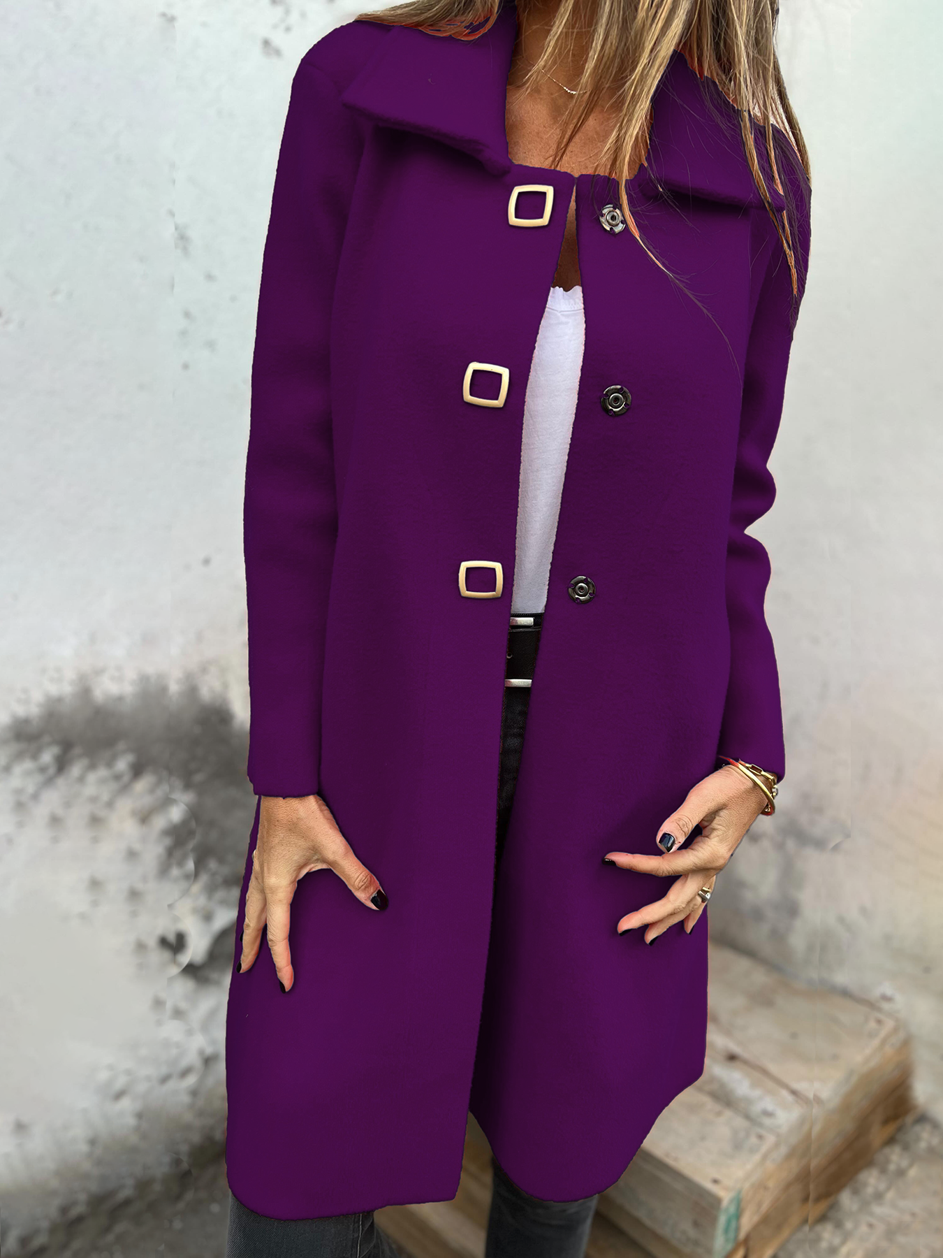 Women's Single-Breasted Solid Color Long Wool Jacket