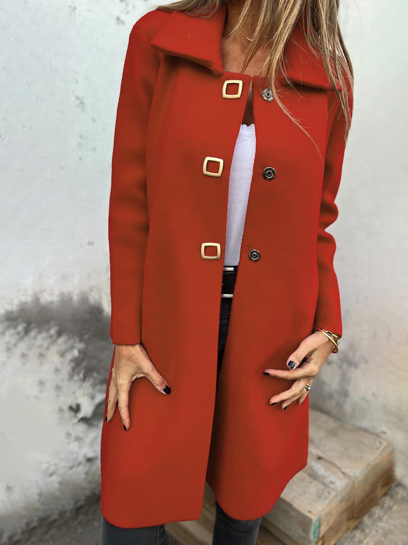 Women's Single-Breasted Solid Color Long Wool Jacket