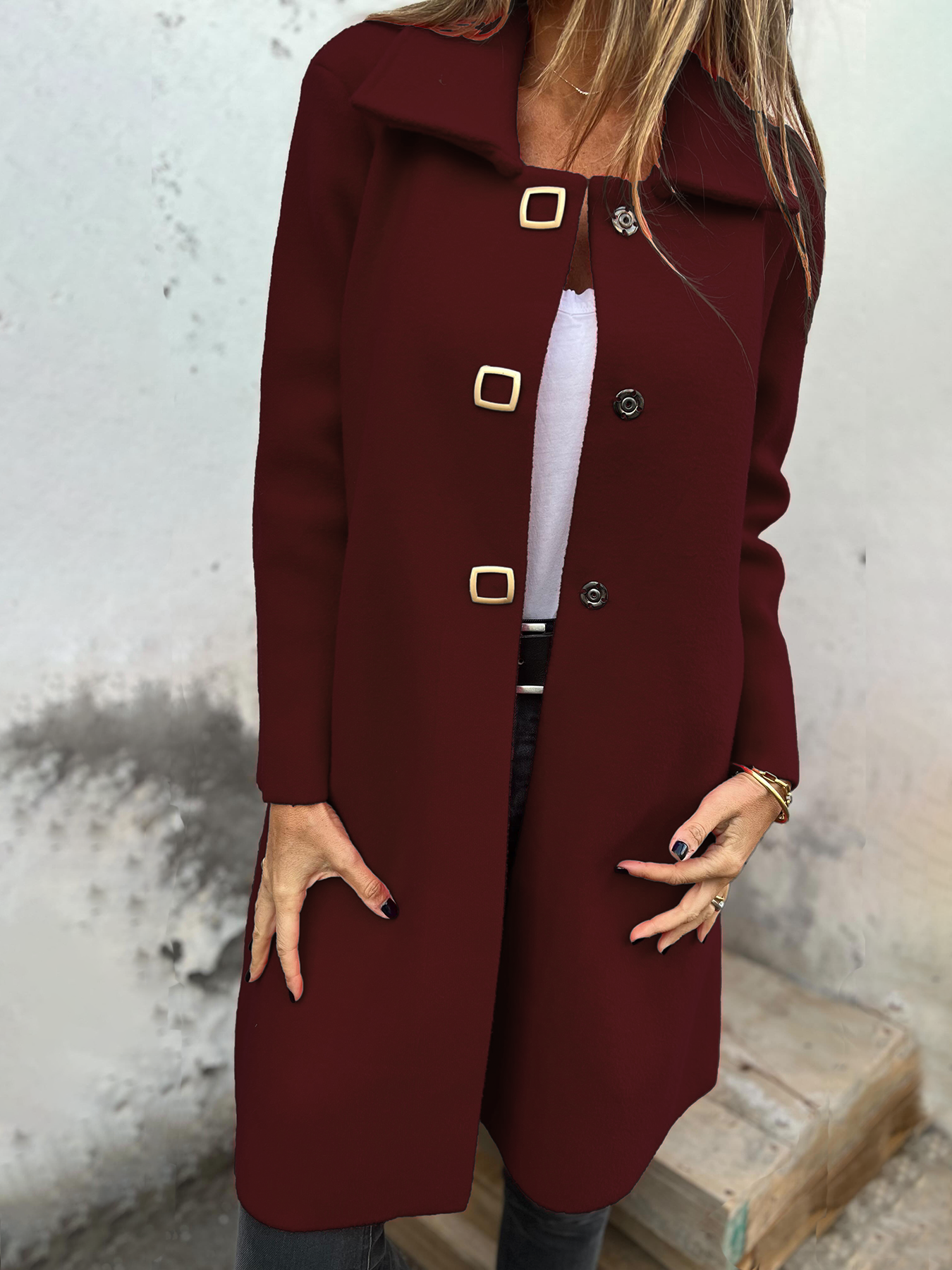 Women's Single-Breasted Solid Color Long Wool Jacket