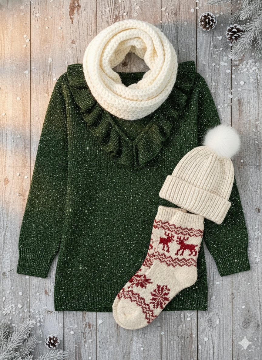 ⏰ LAST DAY 💥Women's Christmas Elegant V-neck Ruffled Sparkling Sweater Top