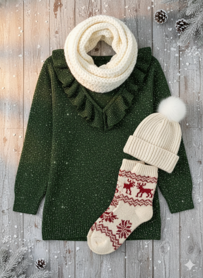 ⏰ LAST DAY 💥Women's Christmas Elegant V-neck Ruffled Sparkling Sweater Top