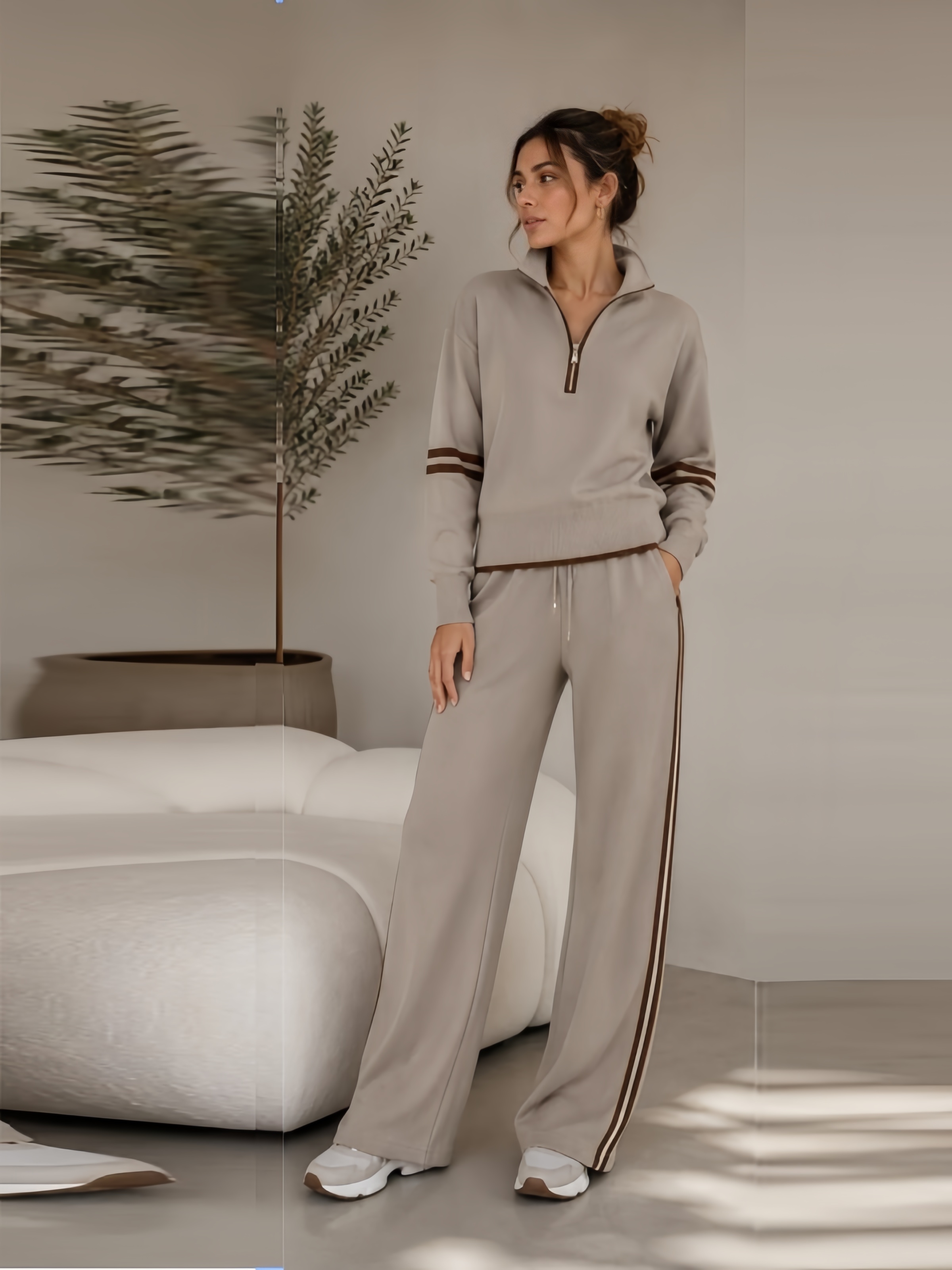 Women's Half Zip Lounge Set – Relaxed Two-Piece Wide Leg Tracksuit