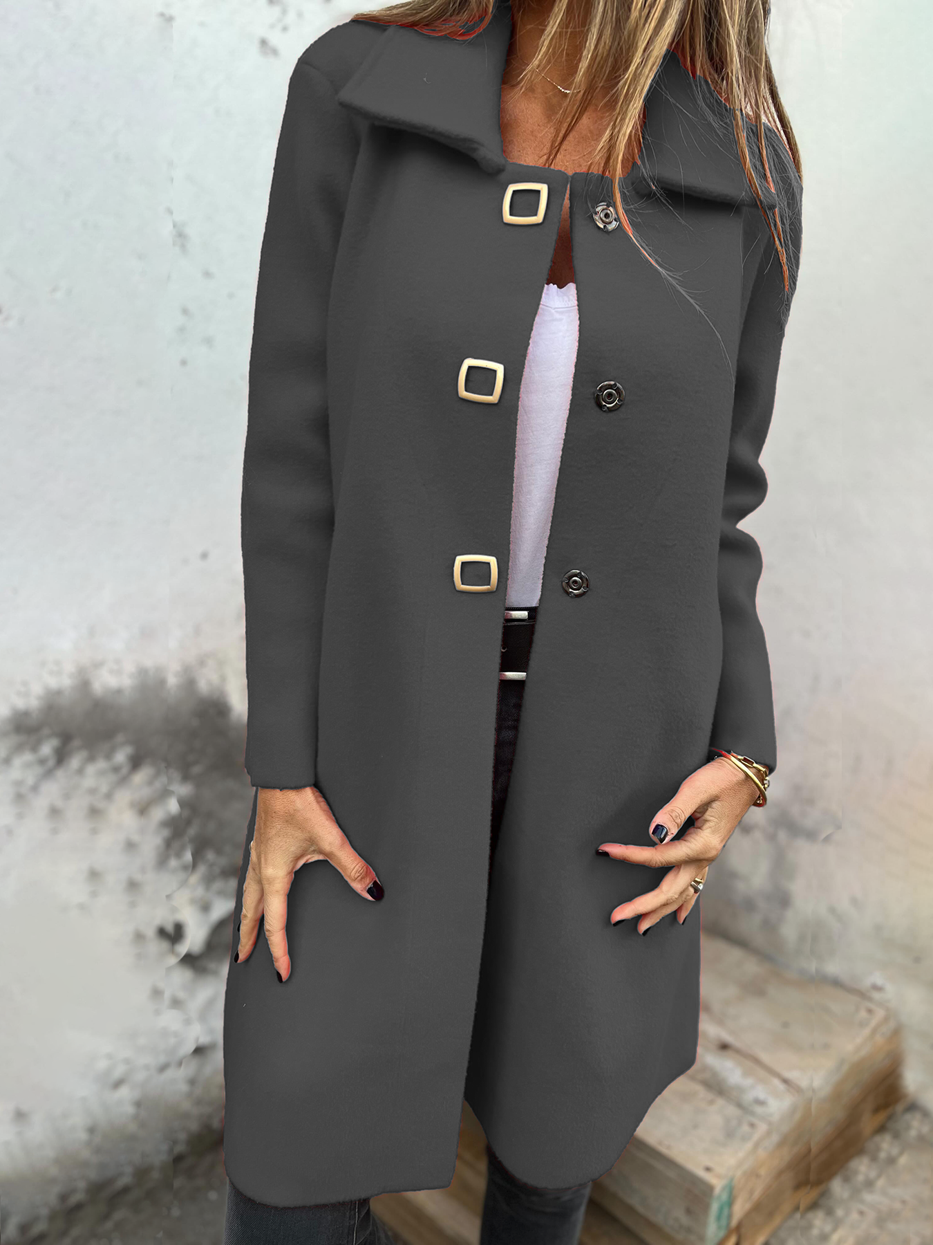 Women's Single-Breasted Solid Color Long Wool Jacket