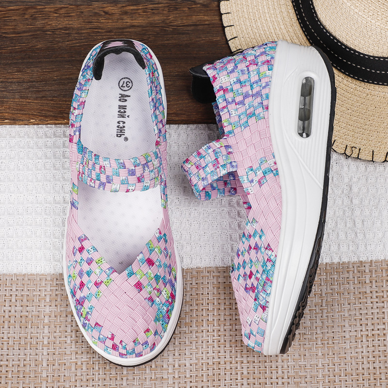 Women's Air Cushion Sports Sandals Slip-On Platform Closed-Toe Sandals Woven Pumps Elastic Wedge Shoes