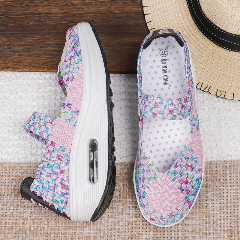 Women's Air Cushion Sports Sandals Slip-On Platform Closed-Toe Sandals Woven Pumps Elastic Wedge Shoes
