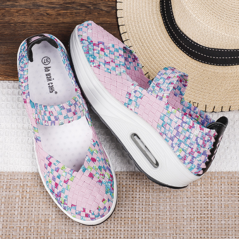 Women's Air Cushion Sports Sandals Slip-On Platform Closed-Toe Sandals Woven Pumps Elastic Wedge Shoes