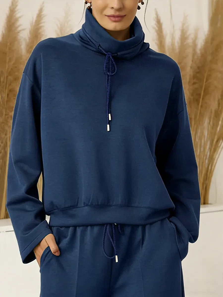 2026 Women's Solid Color High-neck Drawstring Long-sleeve Casual Loose-fitting Sweatshirt 2-piece Set